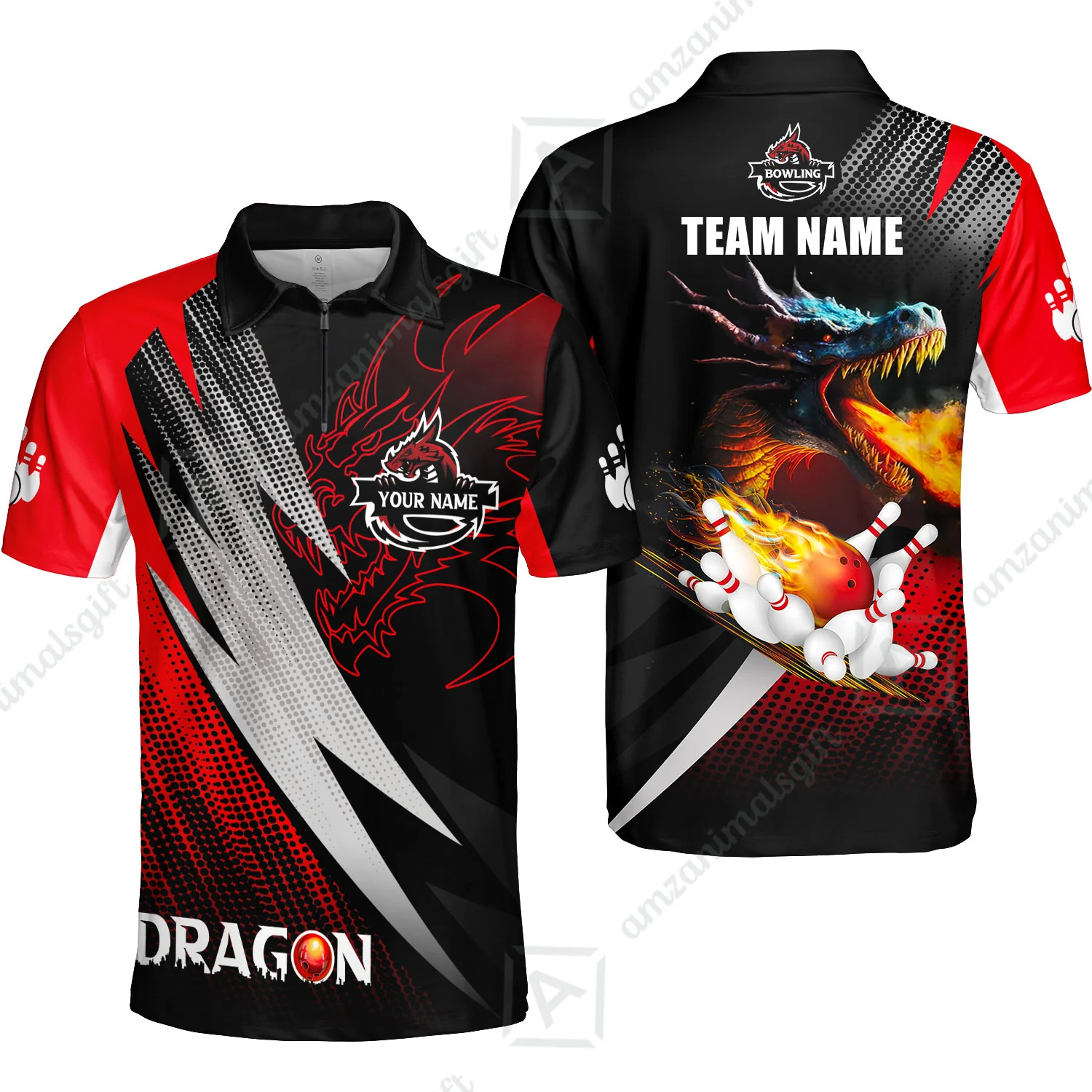 Customized Bowling Jersey Shirt, Personalized Name Dragon Team Red Bowling Ball On Fire Polo Shirt For Men - Perfect Gift For Bowling Lovers - Image 3