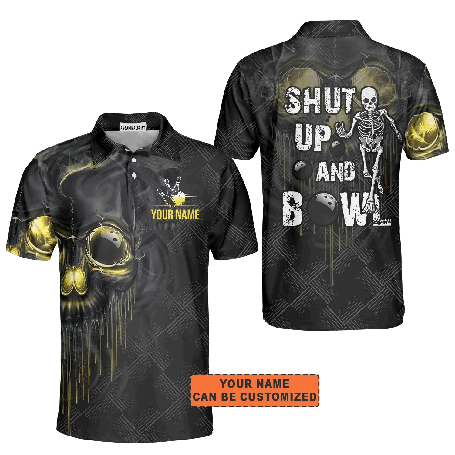 Customized Bowling Men Polo Shirt, Personalized Shut Up And Bowling Golden Skul Polo Shirt For Men, Bowling Lovers - Image 2