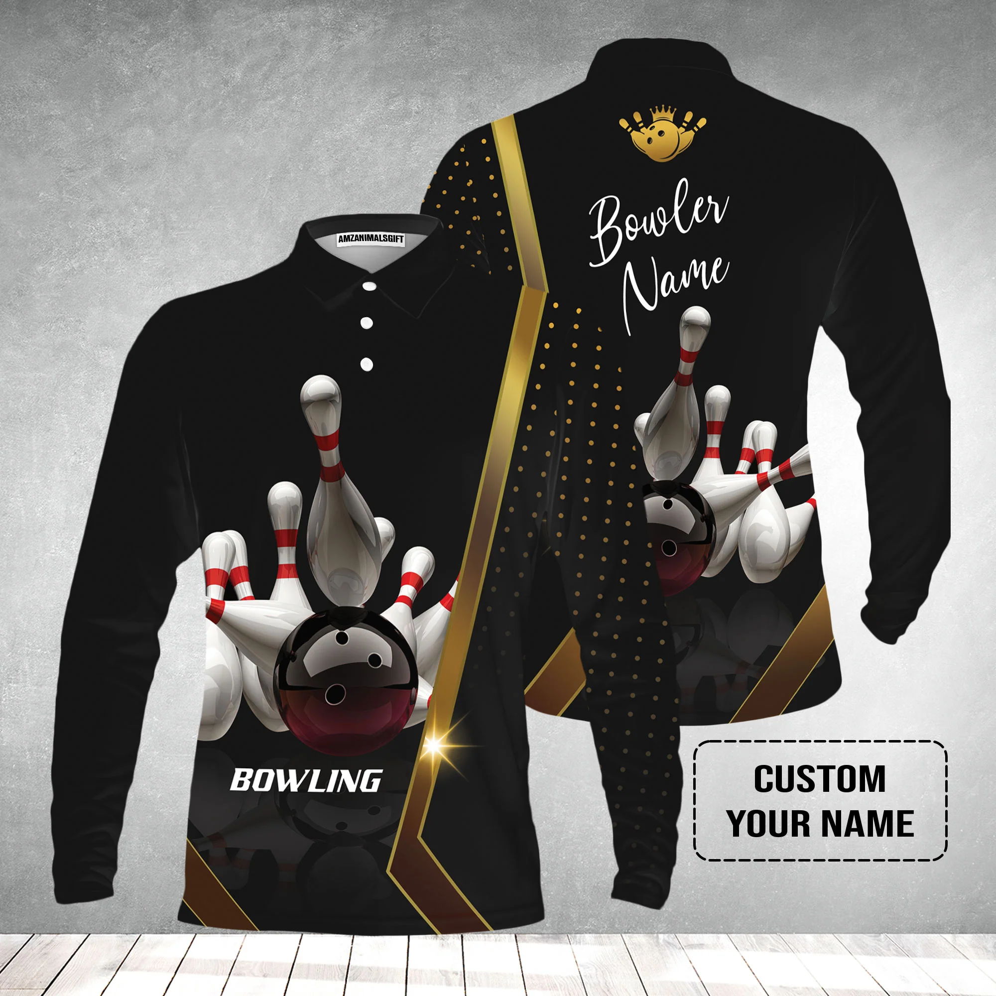 Customized Bowling Men's Long Sleeve Polo Shirt, Black And Golden Pattern Personalized Bowling Long Sleeve Polo Shirt