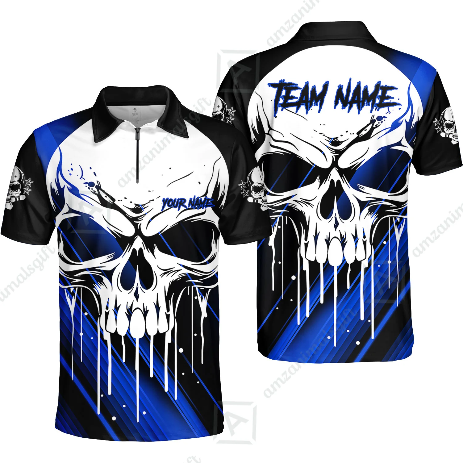 Customized Bowling Polo, Blue Skull Bowling Creepy Style Bowling jerseys Custom Name And Team Shirt - Image 3