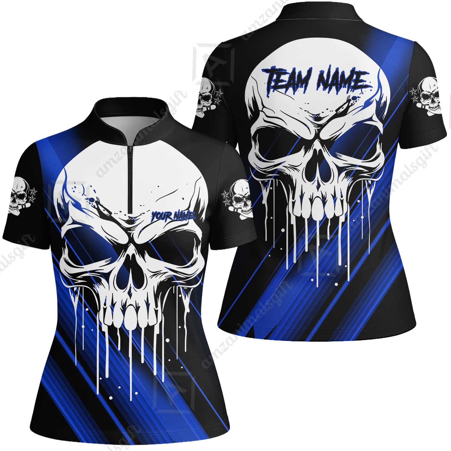 Customized Bowling Polo, Blue Skull Bowling Creepy Style Bowling jerseys Custom Name And Team Shirt - Image 32