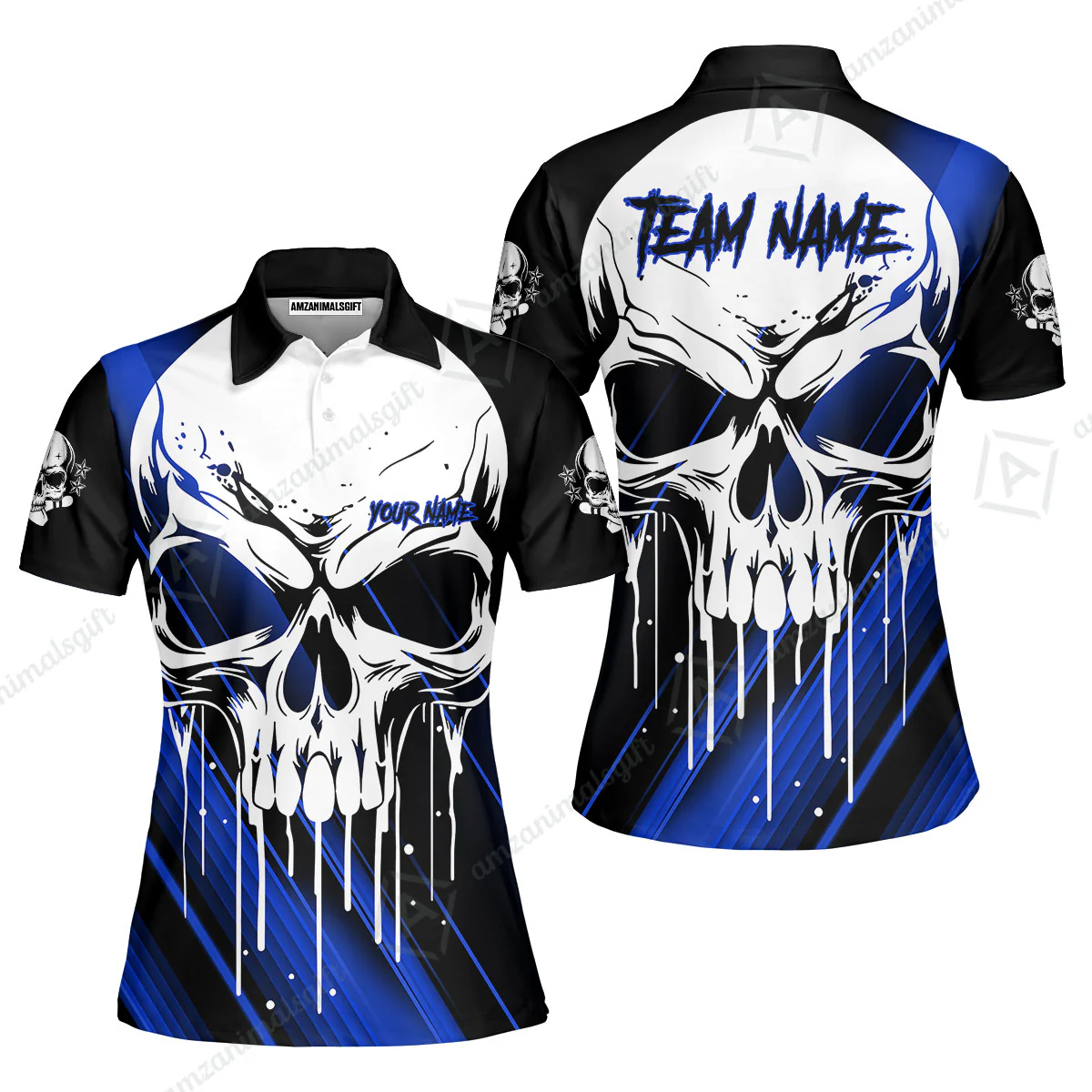 Customized Bowling Polo, Blue Skull Bowling Creepy Style Bowling jerseys Custom Name And Team Shirt - Image 4