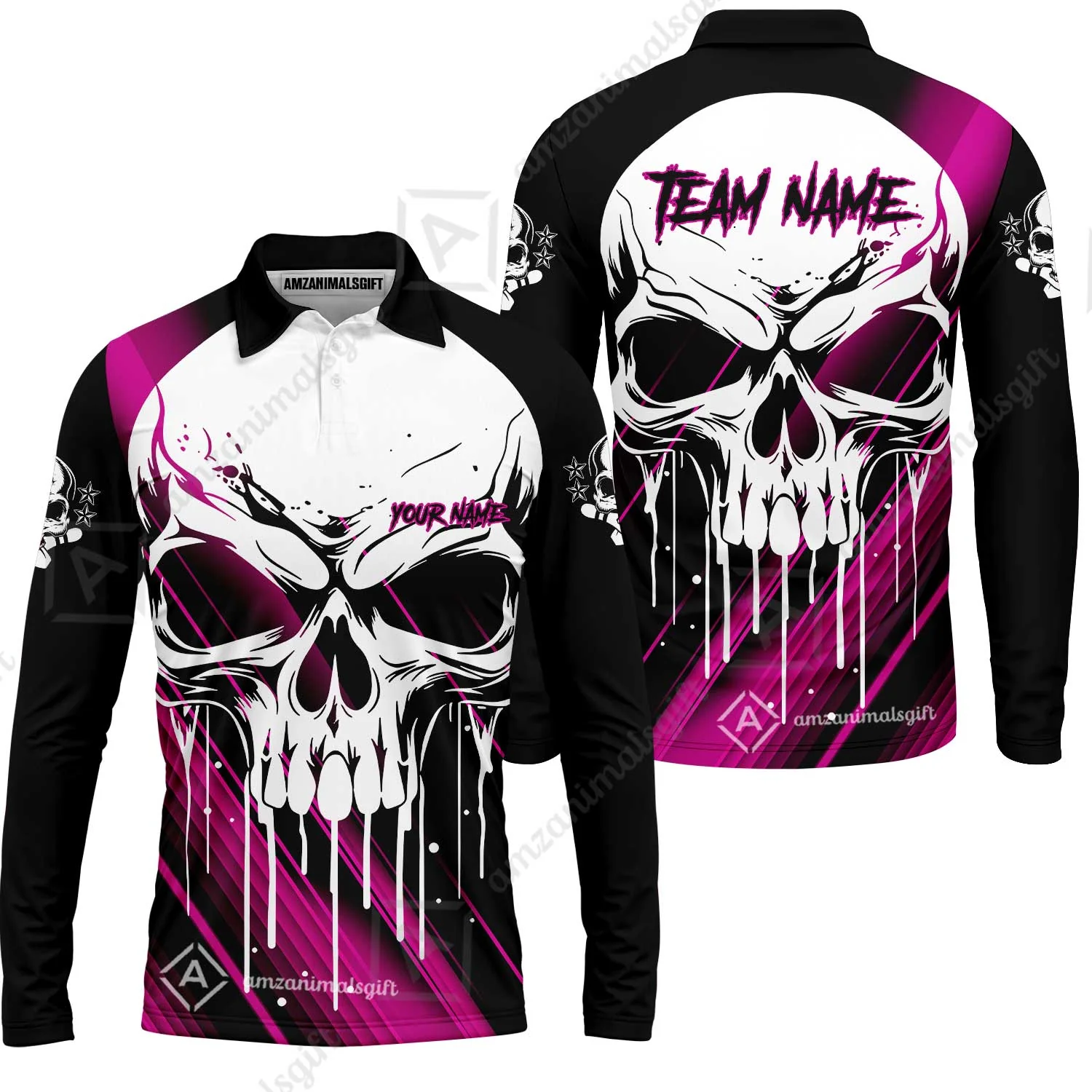 Customized Bowling Polo, Blue Skull Bowling Creepy Style Bowling jerseys Custom Name And Team Shirt - Image 48