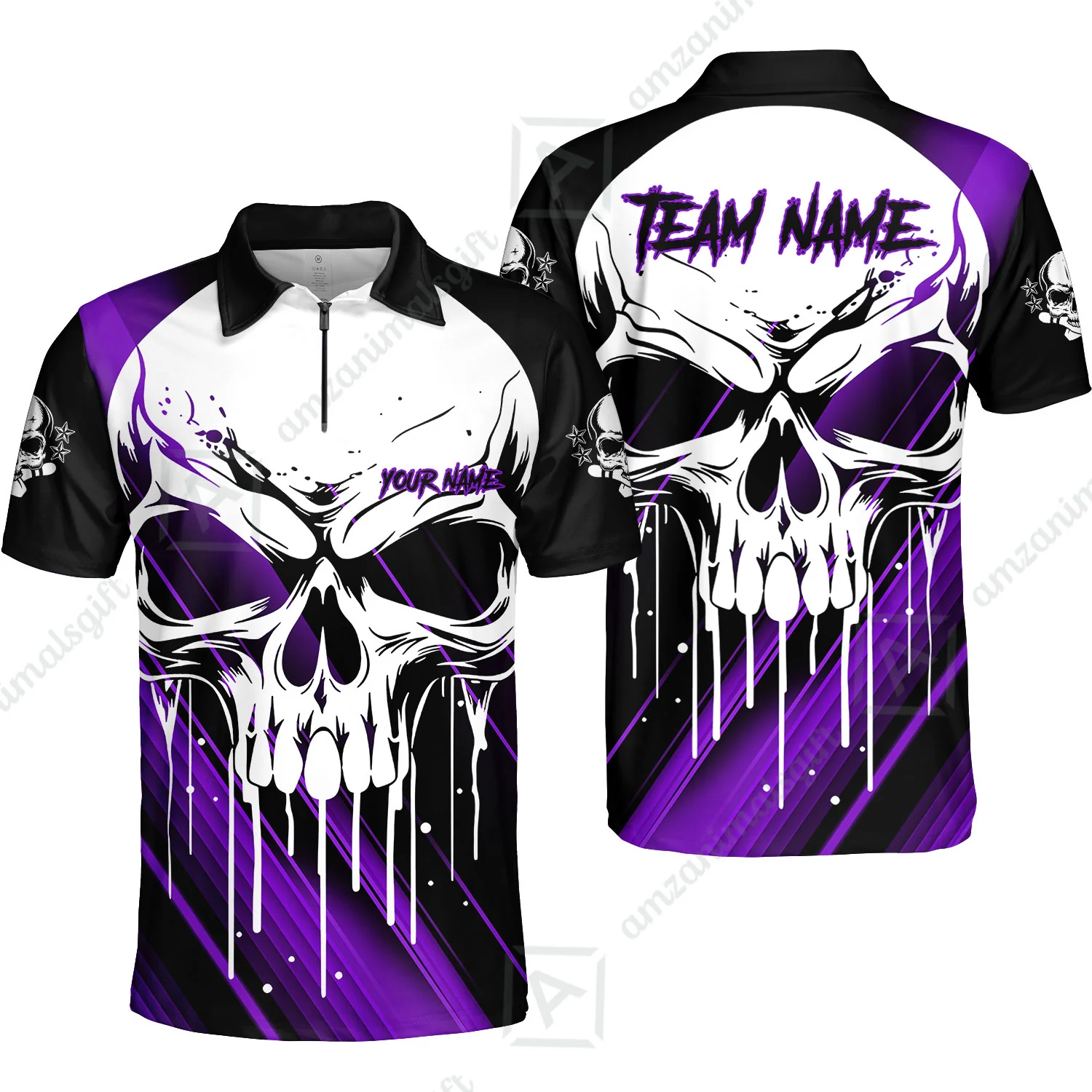 Customized Bowling Polo, Blue Skull Bowling Creepy Style Bowling jerseys Custom Name And Team Shirt - Image 7