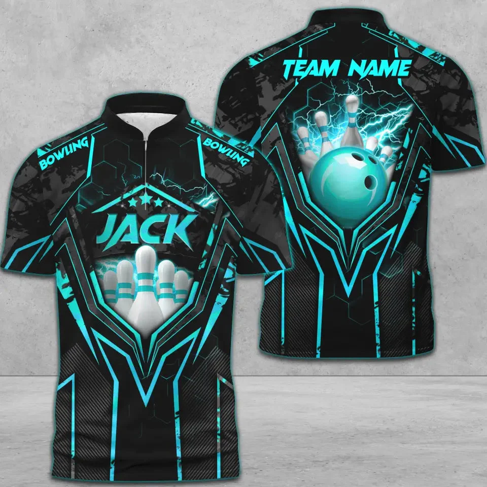 Customized Bowling Jersey, Bowling And Pins Abstract Grunge Texture X Multicolor Option Customized Name And Team Name Zipper Polo Jerseys Shirts - Image 2