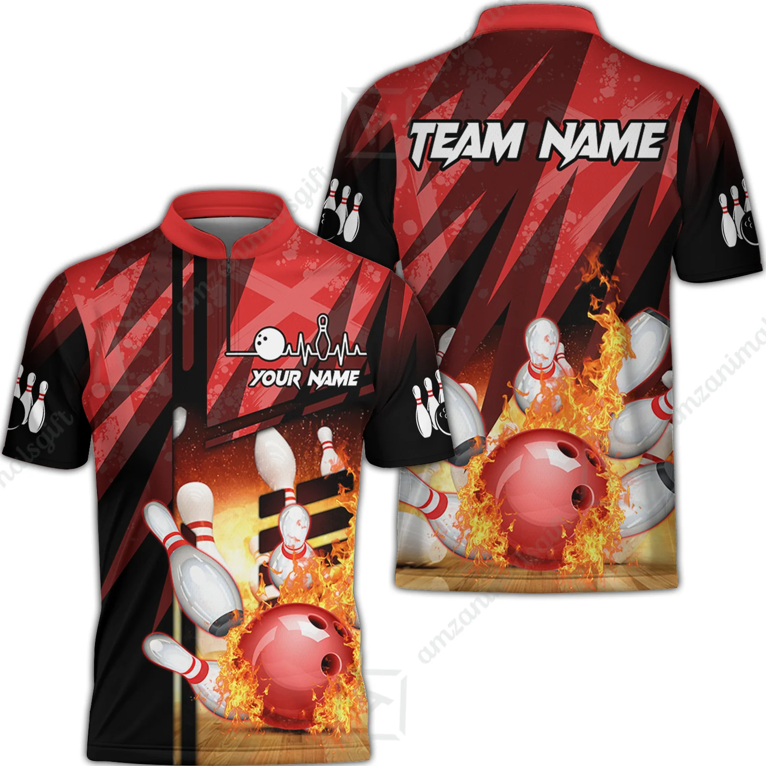 Customized Bowling Jersey Shirt, Bowling And Pins Abstract Grunge Texture XX Multicolor Option Customized Name And Team Zipper Polo Jerseys Shirts