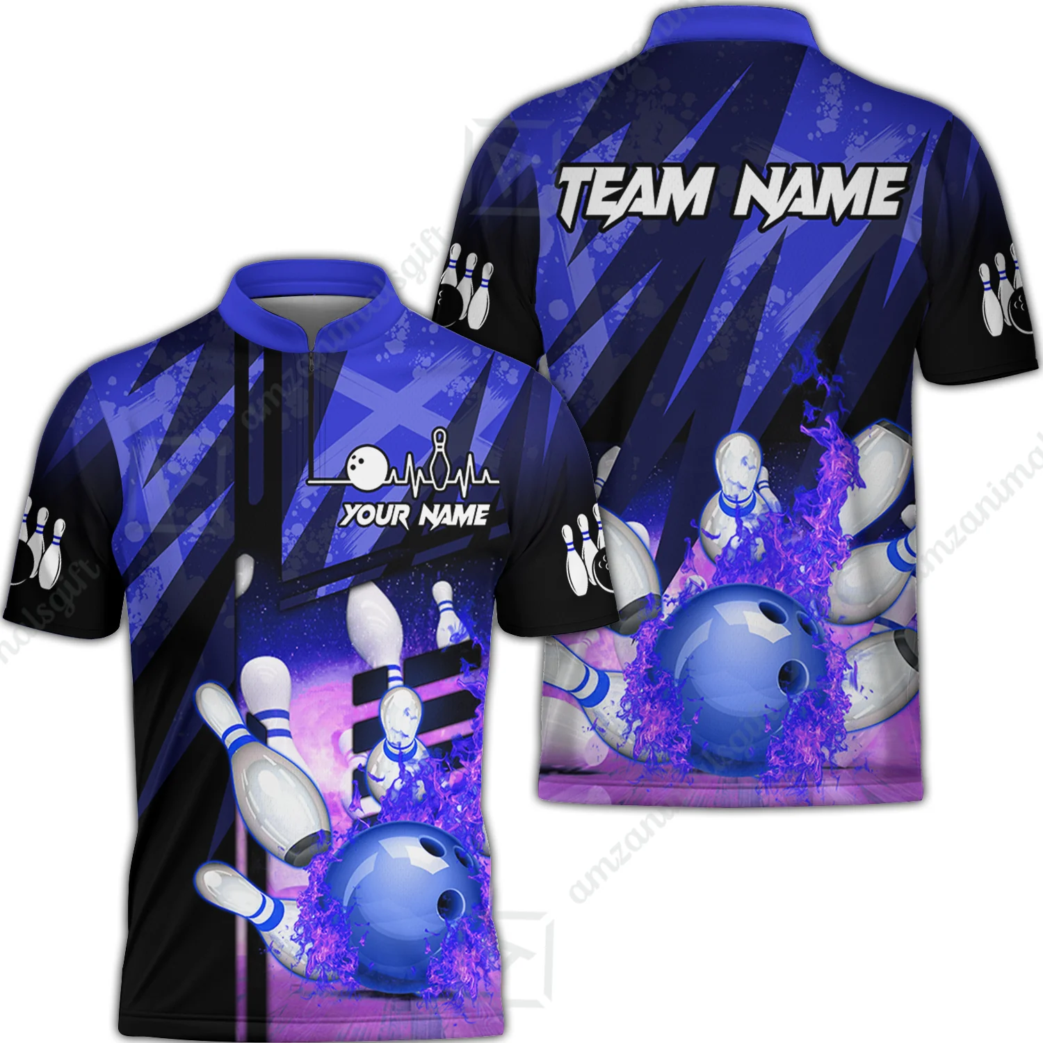 Customized Bowling Jersey Shirt, Bowling And Pins Abstract Grunge Texture XX Multicolor Option Customized Name And Team Zipper Polo Jerseys Shirts - Image 3