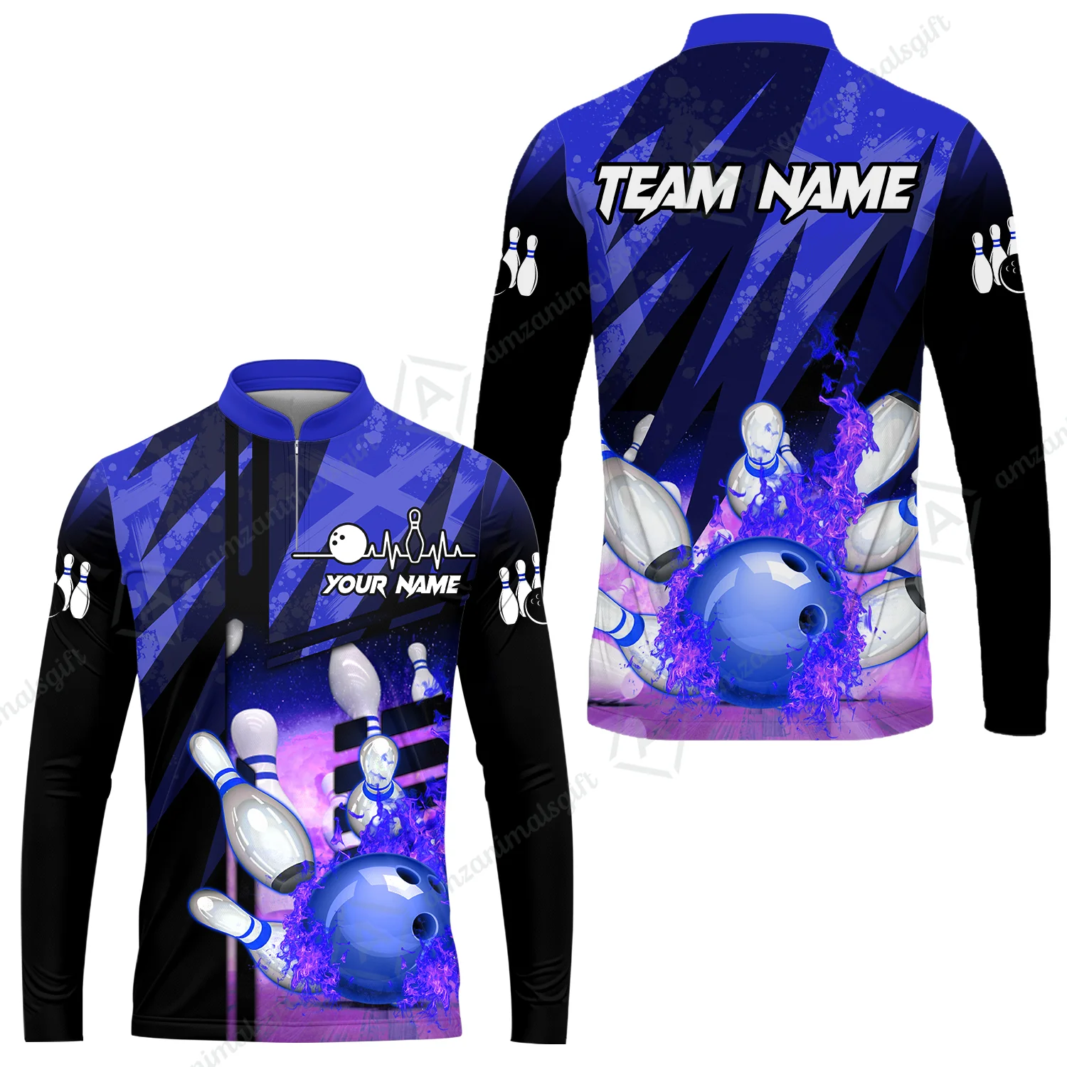 Customized Bowling Jersey Shirt, Bowling And Pins Abstract Grunge Texture XX Multicolor Option Customized Name And Team Zipper Polo Jerseys Shirts - Image 43
