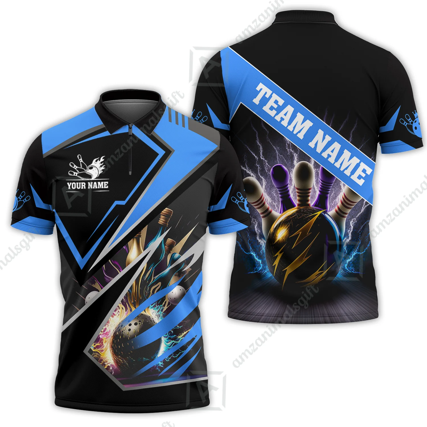 Customized Bowling Jersey Shirt, Bowling And Pins Premium Multicolor Option Customized Name And Team Zipper Polo Jerseys Shirts - Image 10