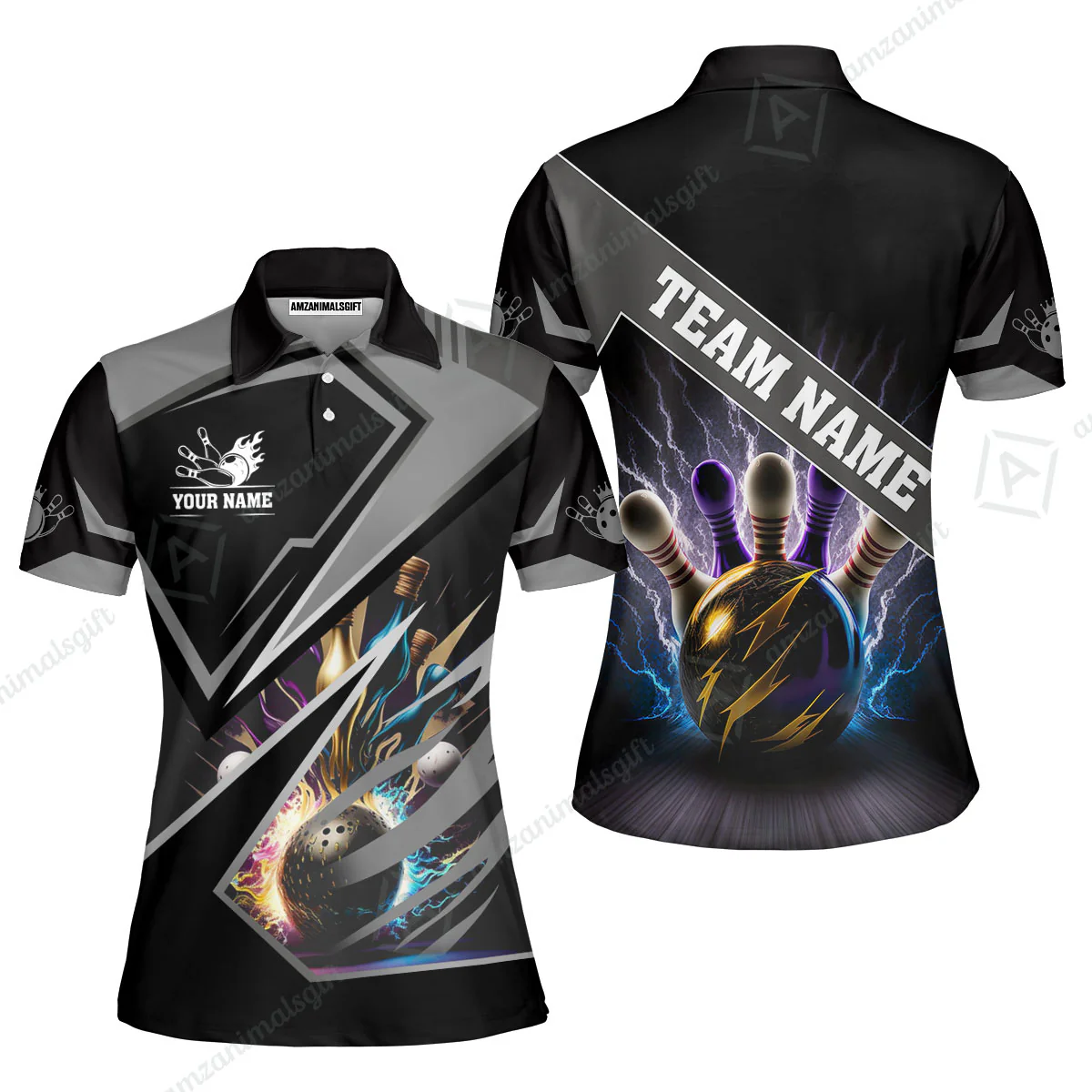 Customized Bowling Jersey Shirt, Bowling And Pins Premium Multicolor Option Customized Name And Team Zipper Polo Jerseys Shirts - Image 17