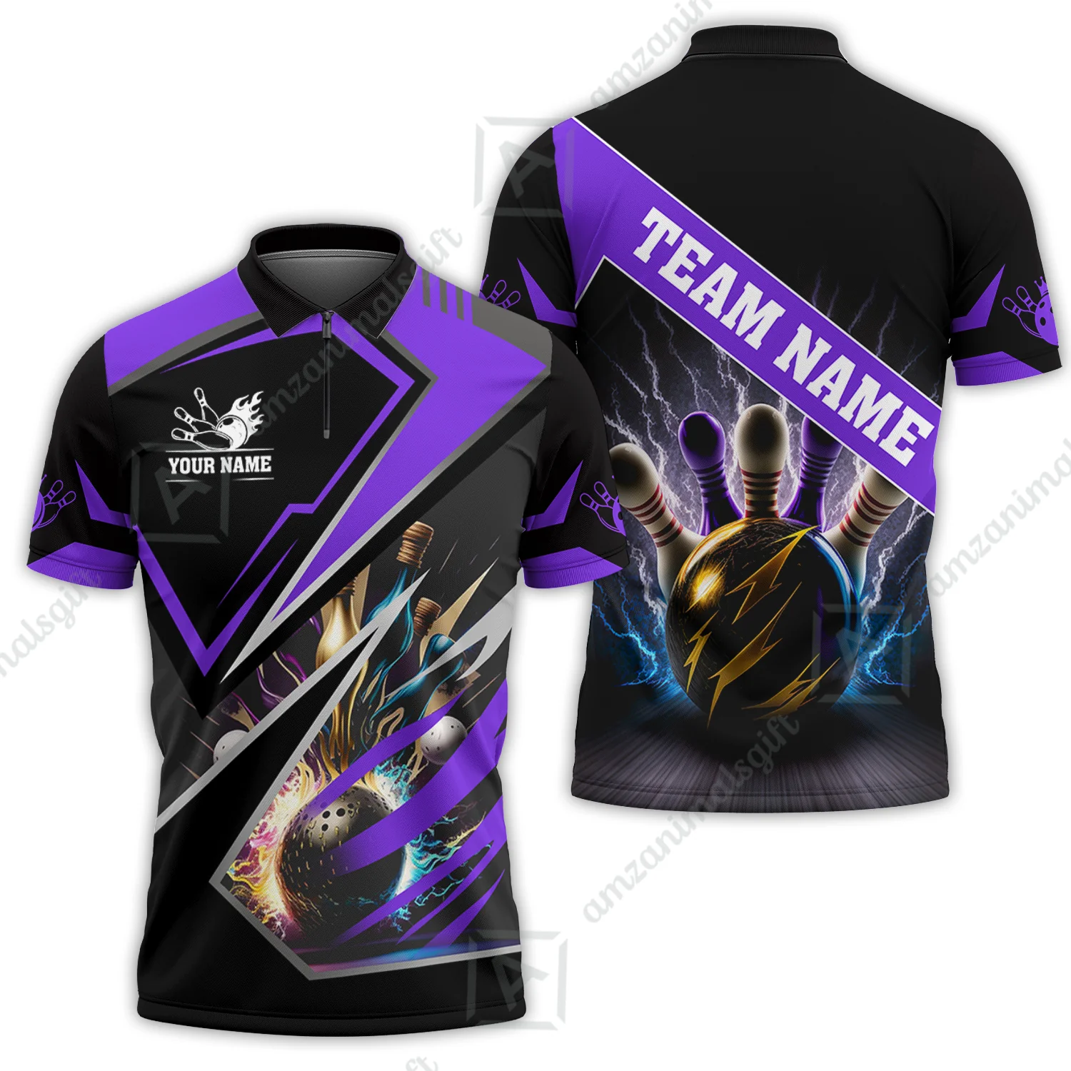 Customized Bowling Jersey Shirt, Bowling And Pins Premium Multicolor Option Customized Name And Team Zipper Polo Jerseys Shirts - Image 26