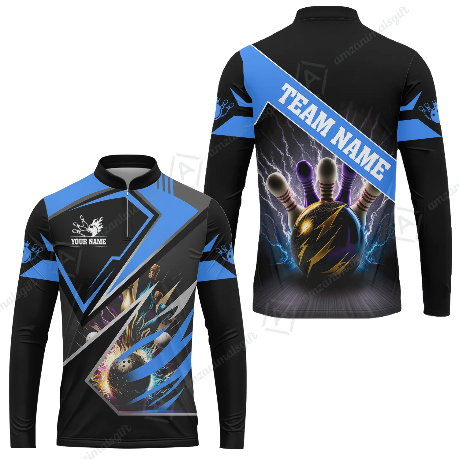 Customized Bowling Jersey Shirt, Bowling And Pins Premium Multicolor Option Customized Name And Team Zipper Polo Jerseys Shirts - Image 56