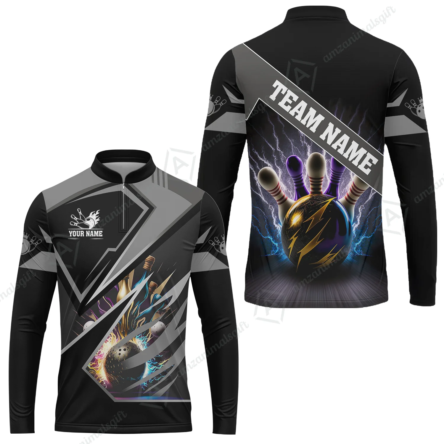 Customized Bowling Jersey Shirt, Bowling And Pins Premium Multicolor Option Customized Name And Team Zipper Polo Jerseys Shirts - Image 58