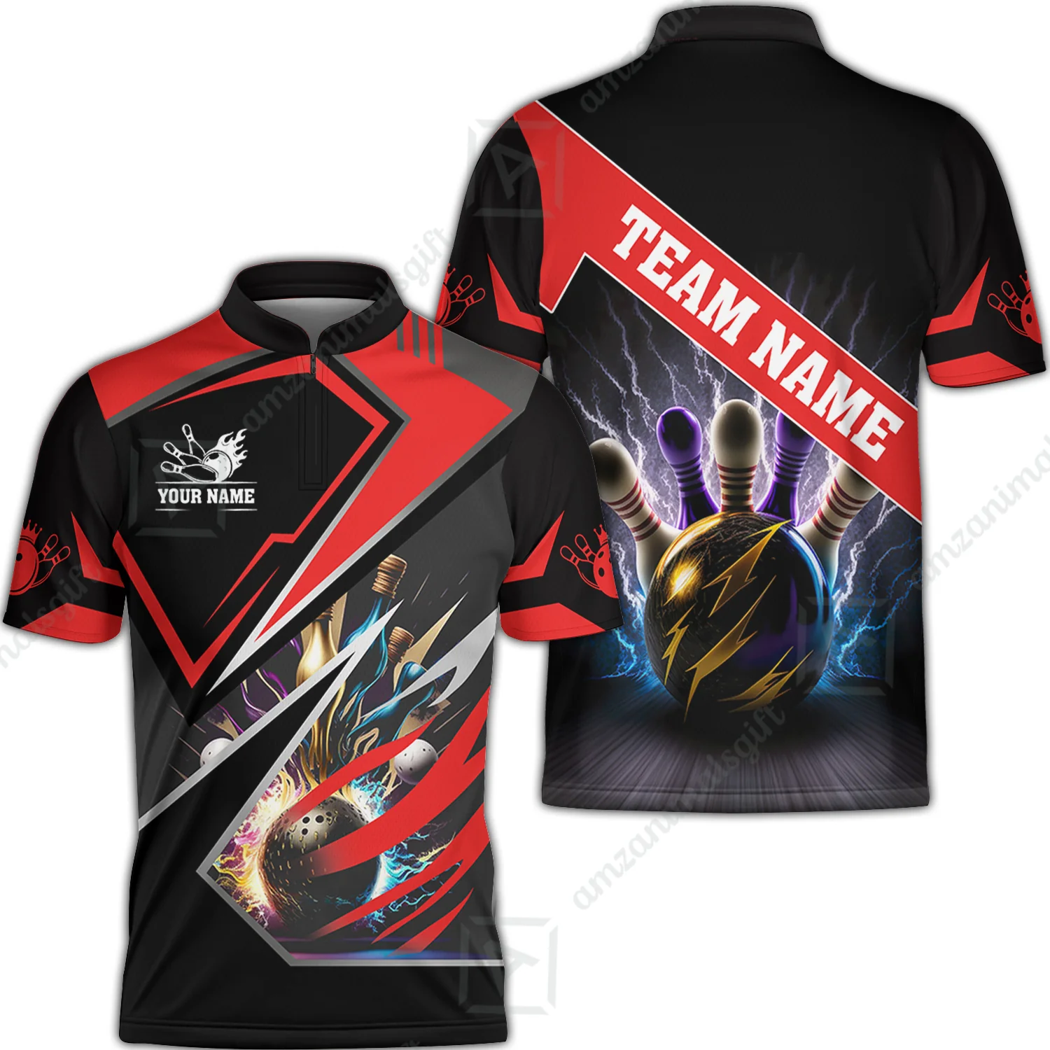 Customized Bowling Jersey Shirt, Bowling And Pins Premium Multicolor Option Customized Name And Team Zipper Polo Jerseys Shirts - Image 6
