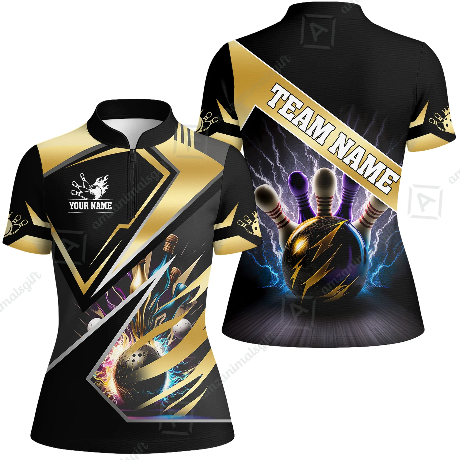 Customized Bowling Jersey Shirt, Bowling And Pins Premium Multicolor Option Customized Name And Team Zipper Polo Jerseys Shirts - Image 69