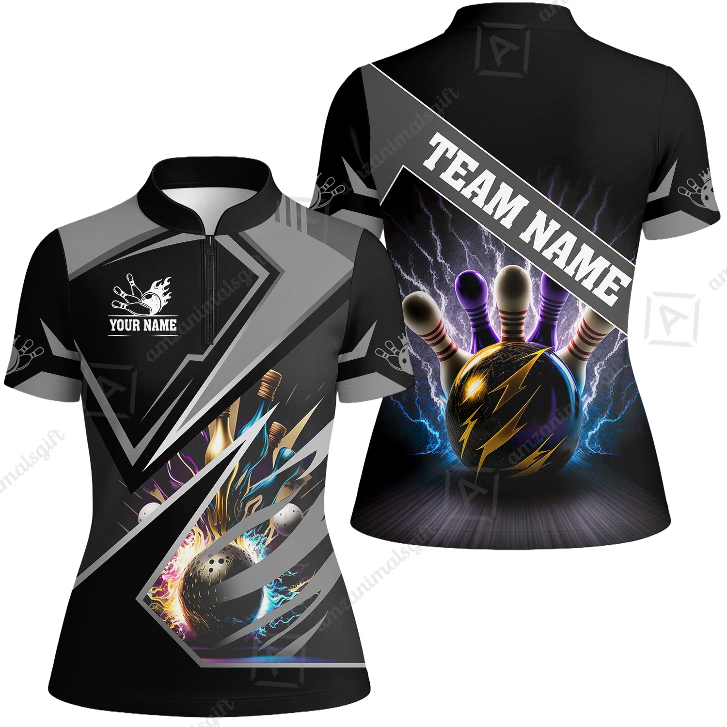 Customized Bowling Jersey Shirt, Bowling And Pins Premium Multicolor Option Customized Name And Team Zipper Polo Jerseys Shirts - Image 70