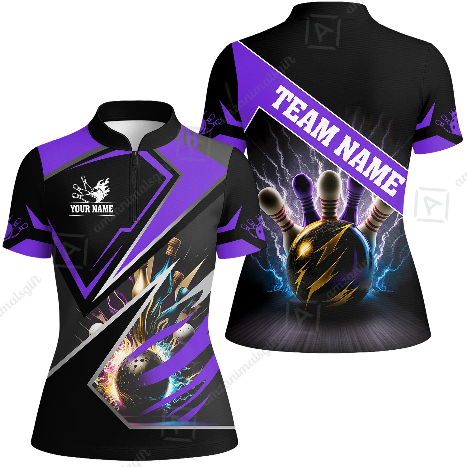 Customized Bowling Jersey Shirt, Bowling And Pins Premium Multicolor Option Customized Name And Team Zipper Polo Jerseys Shirts - Image 72