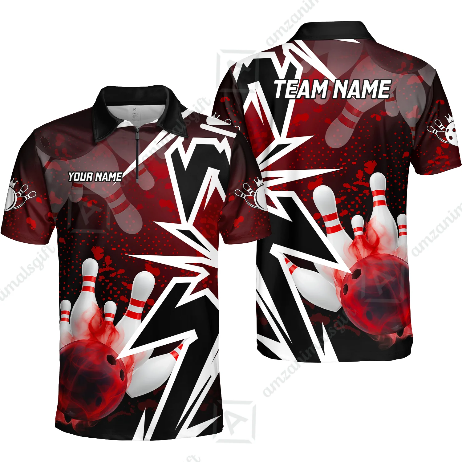 Customized Bowling Polo, Bowling And Pins Smoke Multicolor Option Customized Name And Team Zipper Polo Jerseys Shirts - Image 3