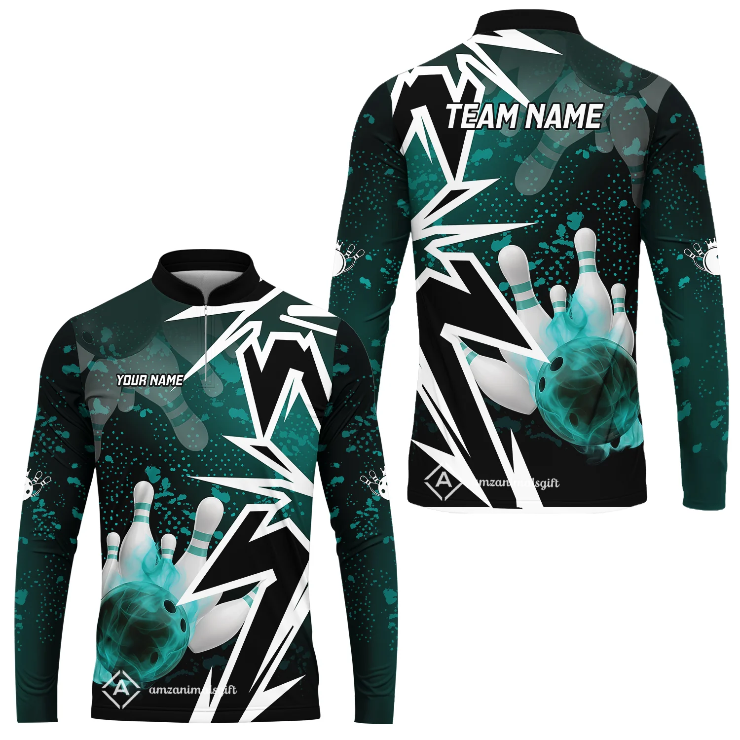 Customized Bowling Polo, Bowling And Pins Smoke Multicolor Option Customized Name And Team Zipper Polo Jerseys Shirts - Image 33