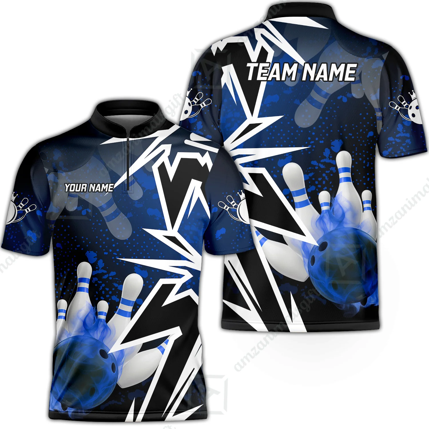 Customized Bowling Polo, Bowling And Pins Smoke Multicolor Option Customized Name And Team Zipper Polo Jerseys Shirts - Image 39