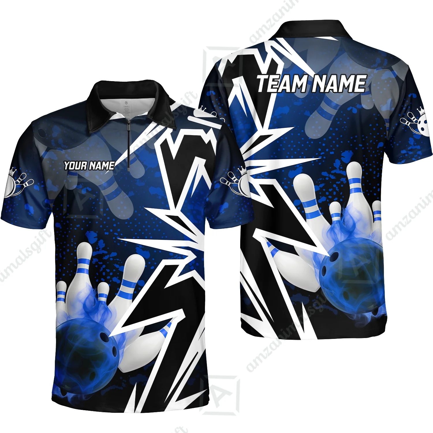 Customized Bowling Polo, Bowling And Pins Smoke Multicolor Option Customized Name And Team Zipper Polo Jerseys Shirts - Image 40