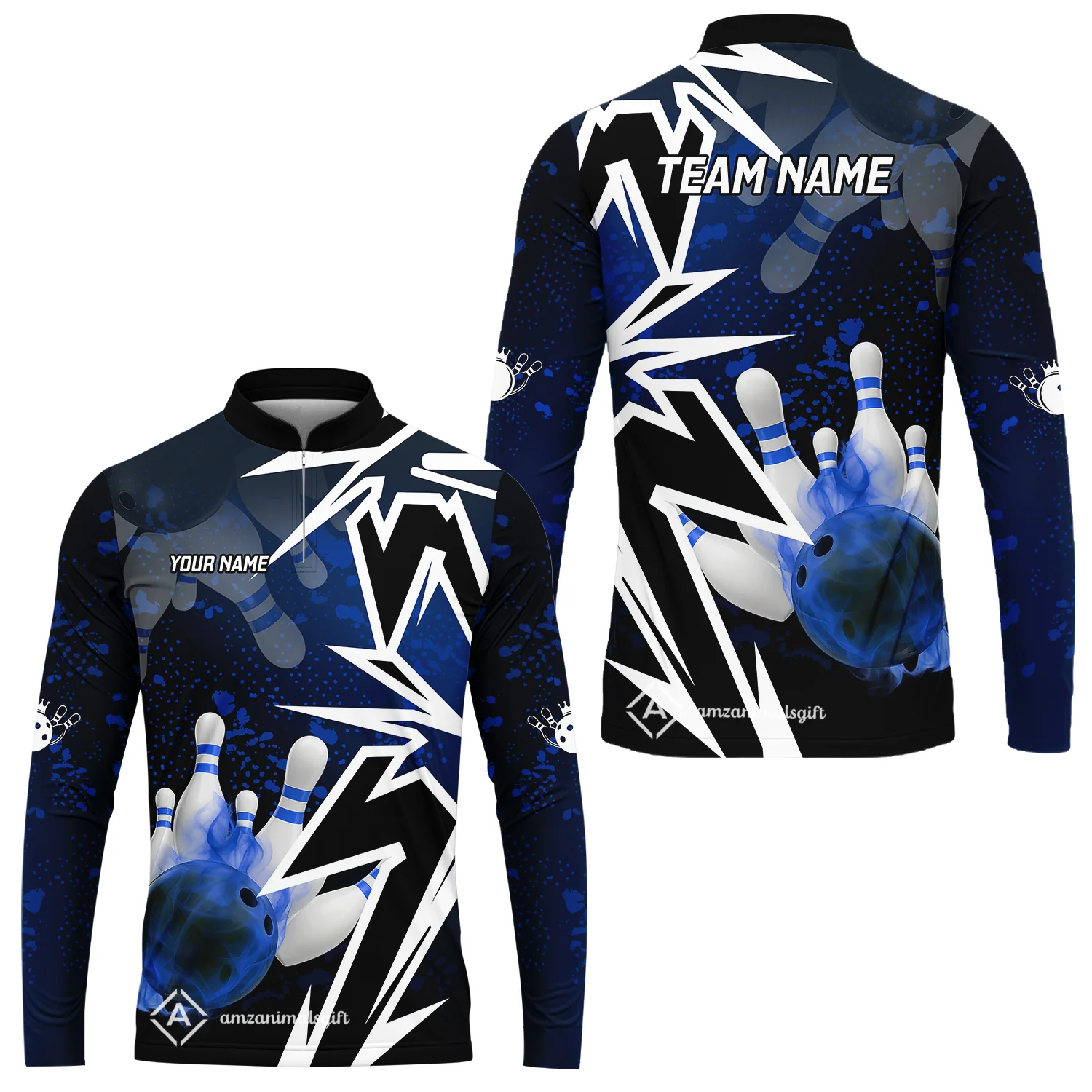Customized Bowling Polo, Bowling And Pins Smoke Multicolor Option Customized Name And Team Zipper Polo Jerseys Shirts - Image 45