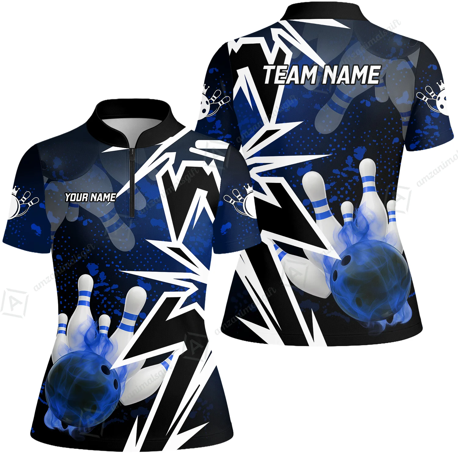 Customized Bowling Polo, Bowling And Pins Smoke Multicolor Option Customized Name And Team Zipper Polo Jerseys Shirts - Image 46