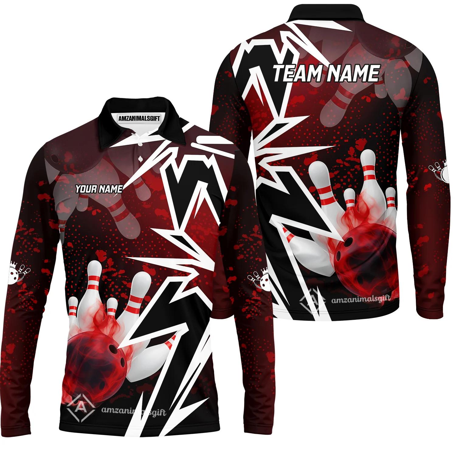 Customized Bowling Polo, Bowling And Pins Smoke Multicolor Option Customized Name And Team Zipper Polo Jerseys Shirts - Image 8