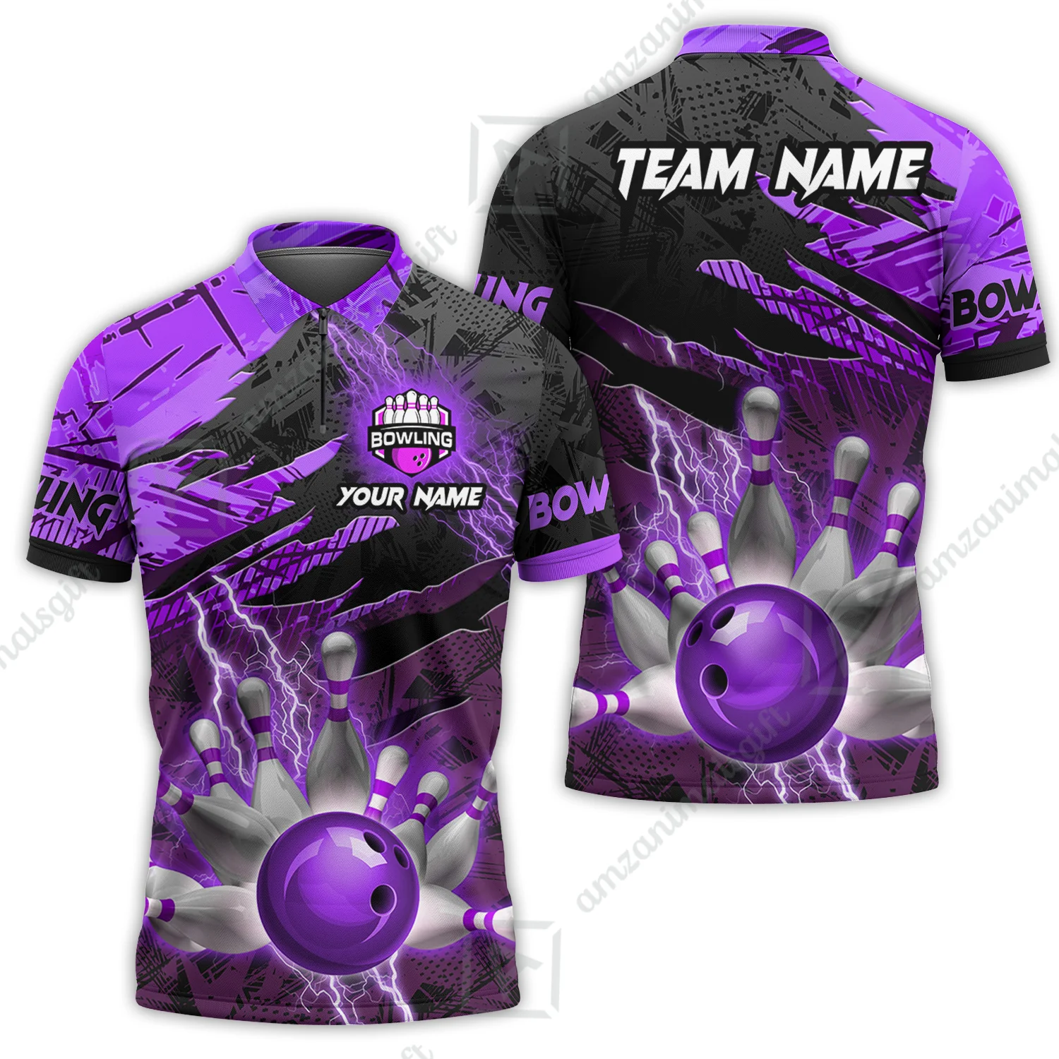 Customized Bowling Unisex Polo Shirt, Bowling And Pins Thunder Break Multicolor Option Customized Name And Team Name Zipper Polo Jerseys Shirts - Image 13