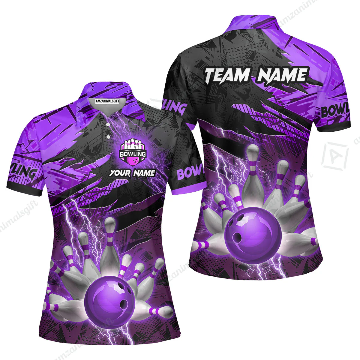 Customized Bowling Unisex Polo Shirt, Bowling And Pins Thunder Break Multicolor Option Customized Name And Team Name Zipper Polo Jerseys Shirts - Image 15
