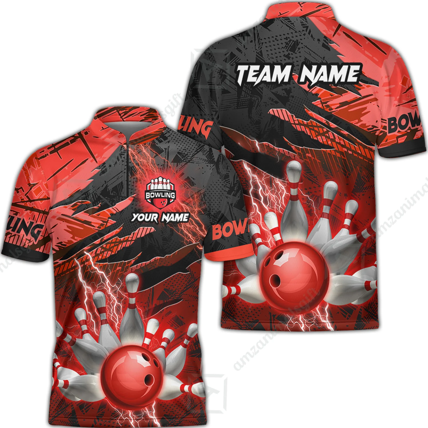 Customized Bowling Unisex Polo Shirt, Bowling And Pins Thunder Break Multicolor Option Customized Name And Team Name Zipper Polo Jerseys Shirts - Image 17