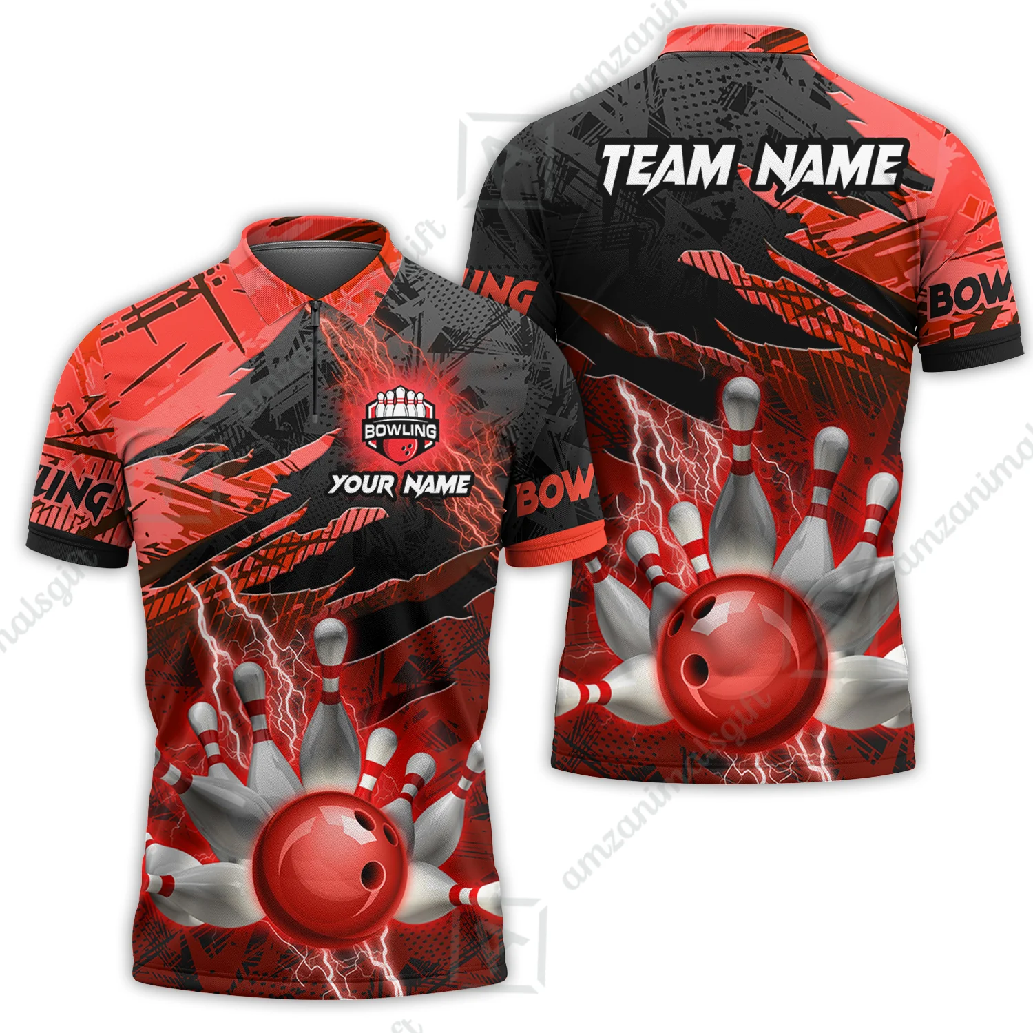 Customized Bowling Unisex Polo Shirt, Bowling And Pins Thunder Break Multicolor Option Customized Name And Team Name Zipper Polo Jerseys Shirts - Image 18