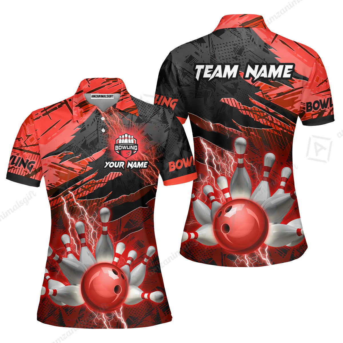 Customized Bowling Unisex Polo Shirt, Bowling And Pins Thunder Break Multicolor Option Customized Name And Team Name Zipper Polo Jerseys Shirts - Image 19