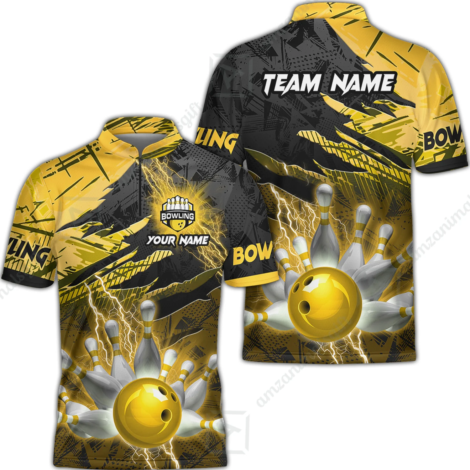 Customized Bowling Unisex Polo Shirt, Bowling And Pins Thunder Break Multicolor Option Customized Name And Team Name Zipper Polo Jerseys Shirts - Image 22