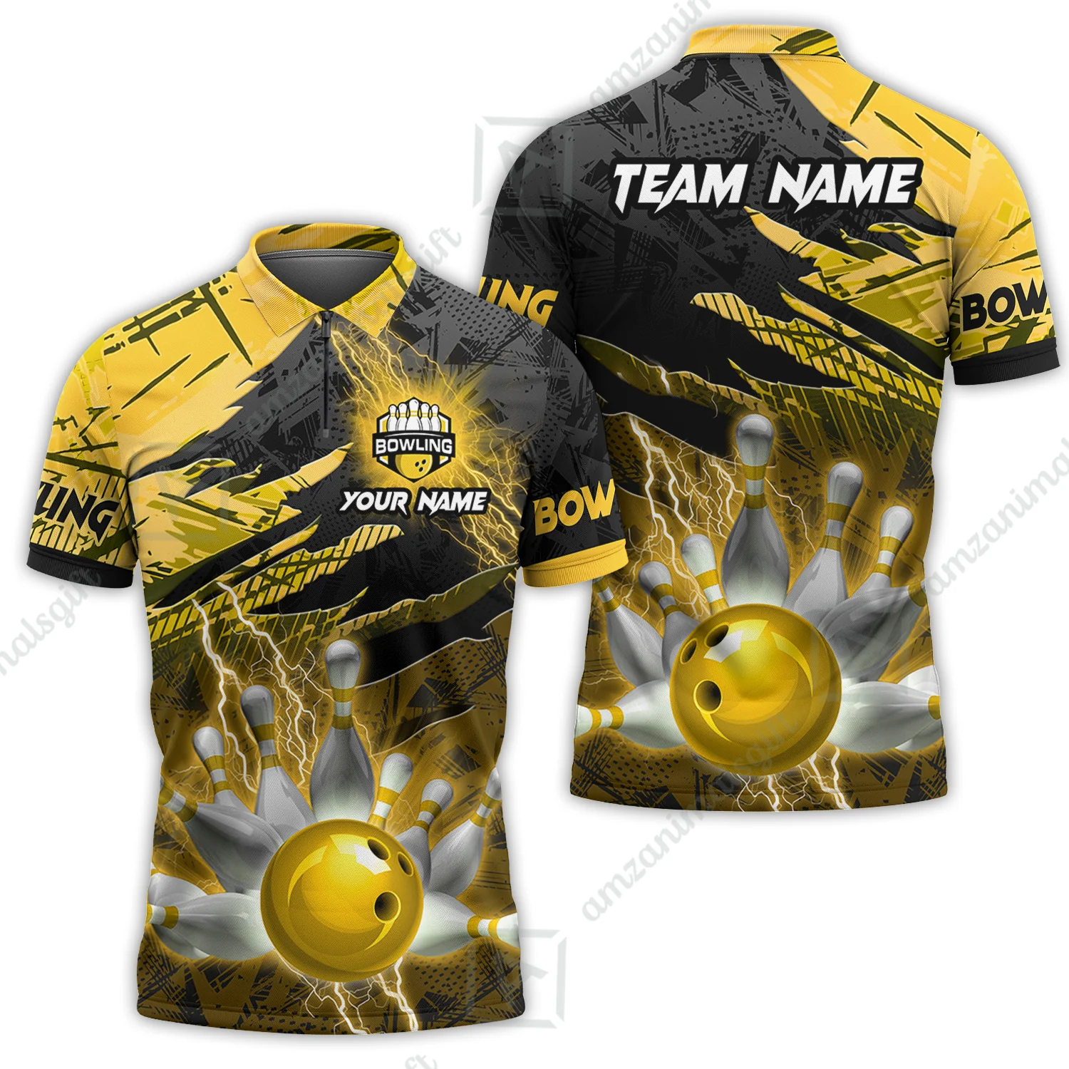 Customized Bowling Unisex Polo Shirt, Bowling And Pins Thunder Break Multicolor Option Customized Name And Team Name Zipper Polo Jerseys Shirts - Image 23