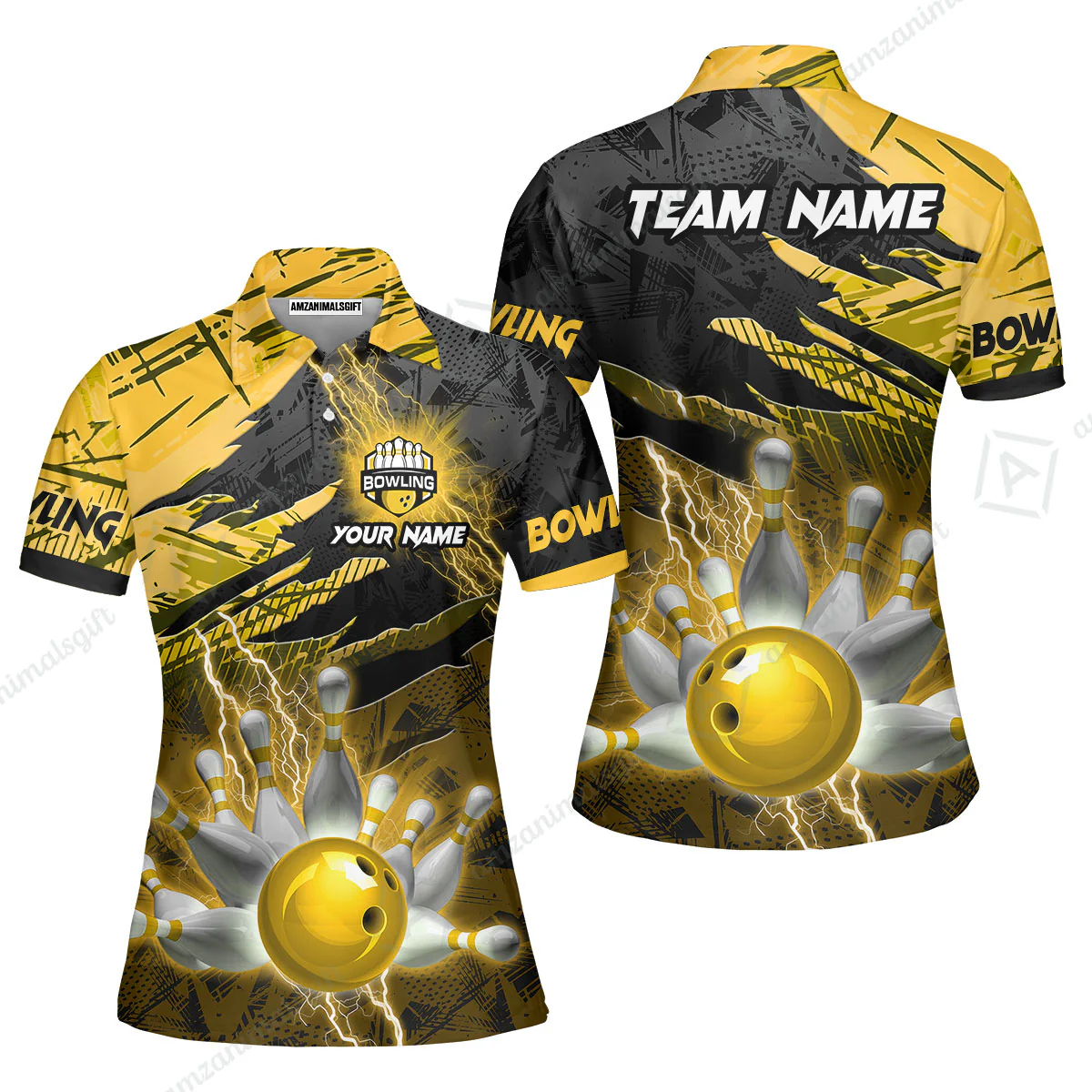 Customized Bowling Unisex Polo Shirt, Bowling And Pins Thunder Break Multicolor Option Customized Name And Team Name Zipper Polo Jerseys Shirts - Image 24