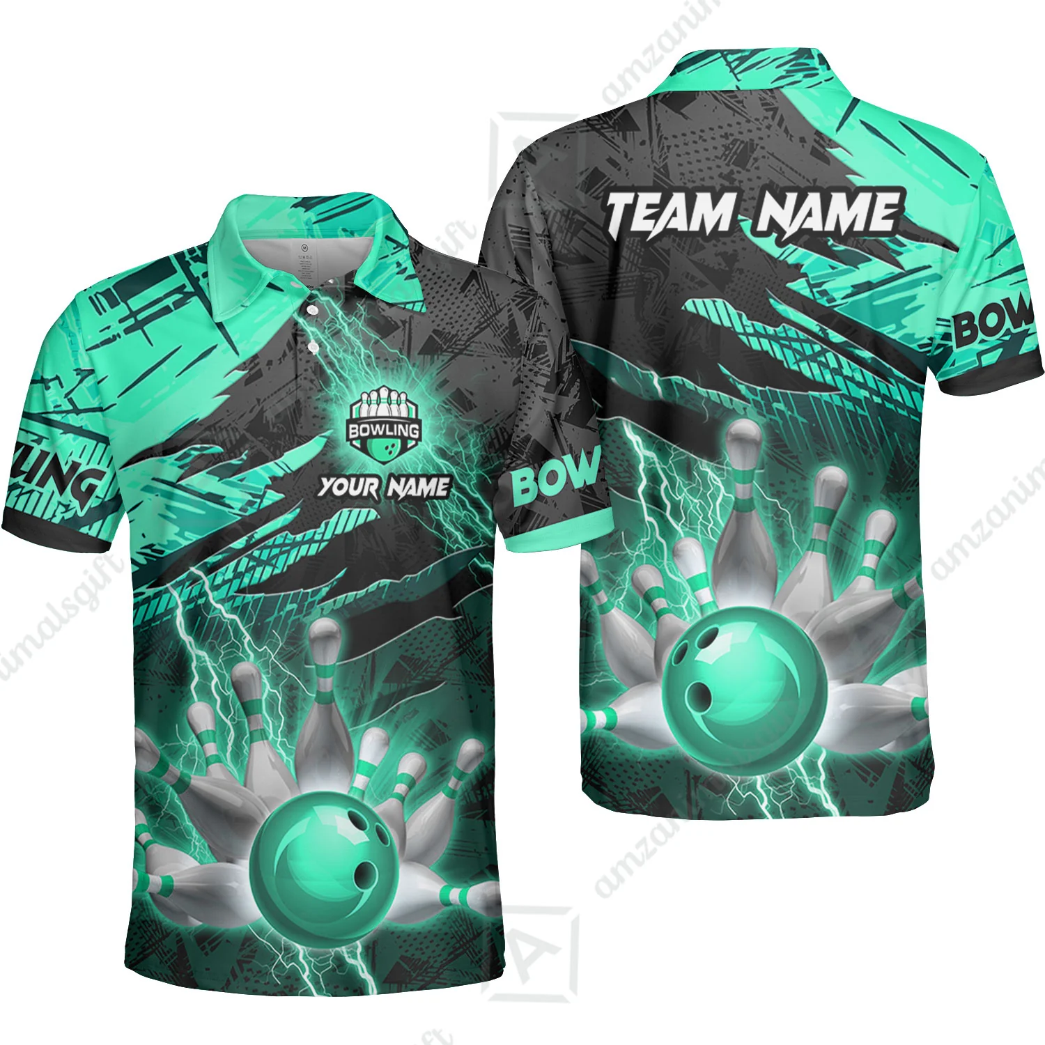 Customized Bowling Unisex Polo Shirt, Bowling And Pins Thunder Break Multicolor Option Customized Name And Team Name Zipper Polo Jerseys Shirts - Image 26