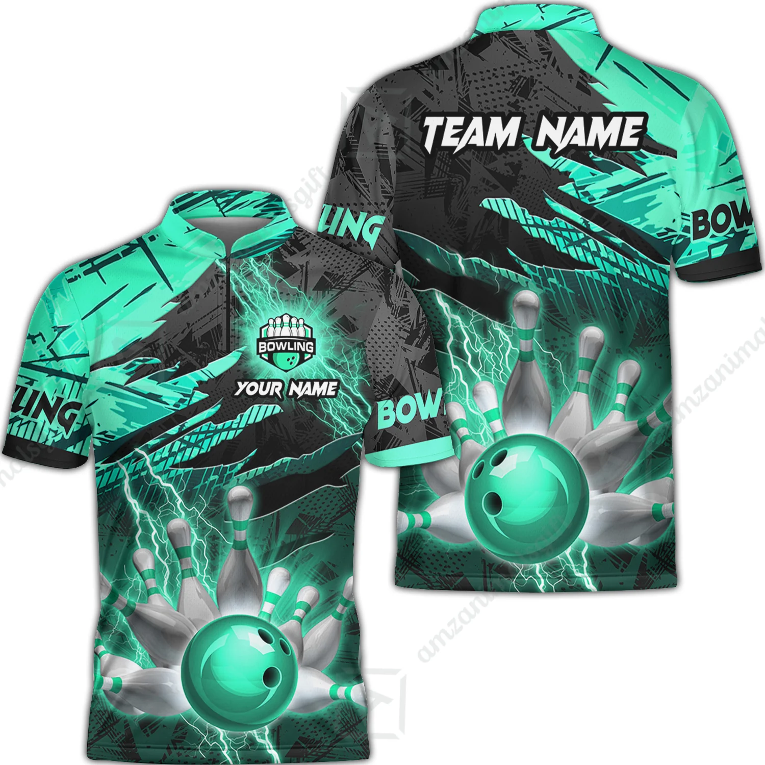 Customized Bowling Unisex Polo Shirt, Bowling And Pins Thunder Break Multicolor Option Customized Name And Team Name Zipper Polo Jerseys Shirts - Image 27