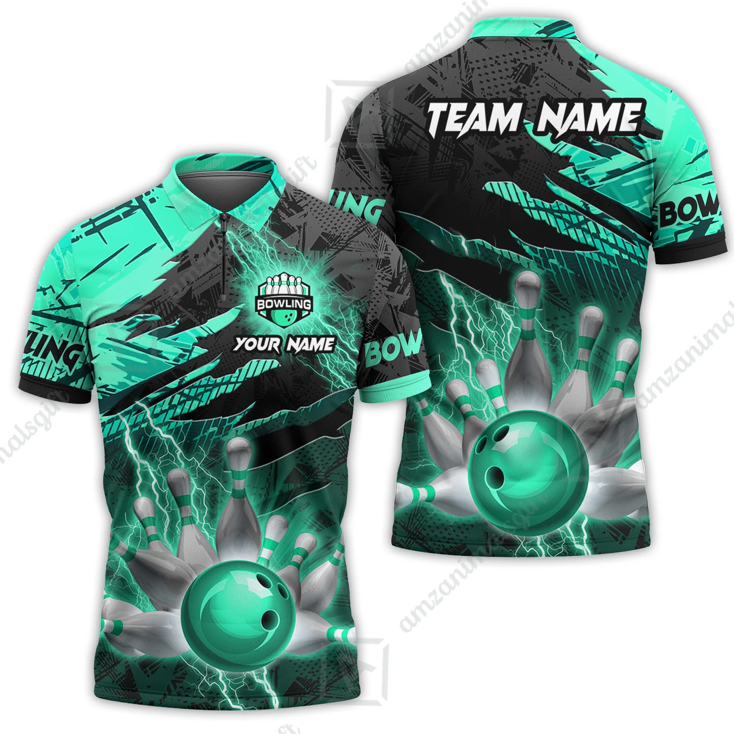 Customized Bowling Unisex Polo Shirt, Bowling And Pins Thunder Break Multicolor Option Customized Name And Team Name Zipper Polo Jerseys Shirts - Image 28