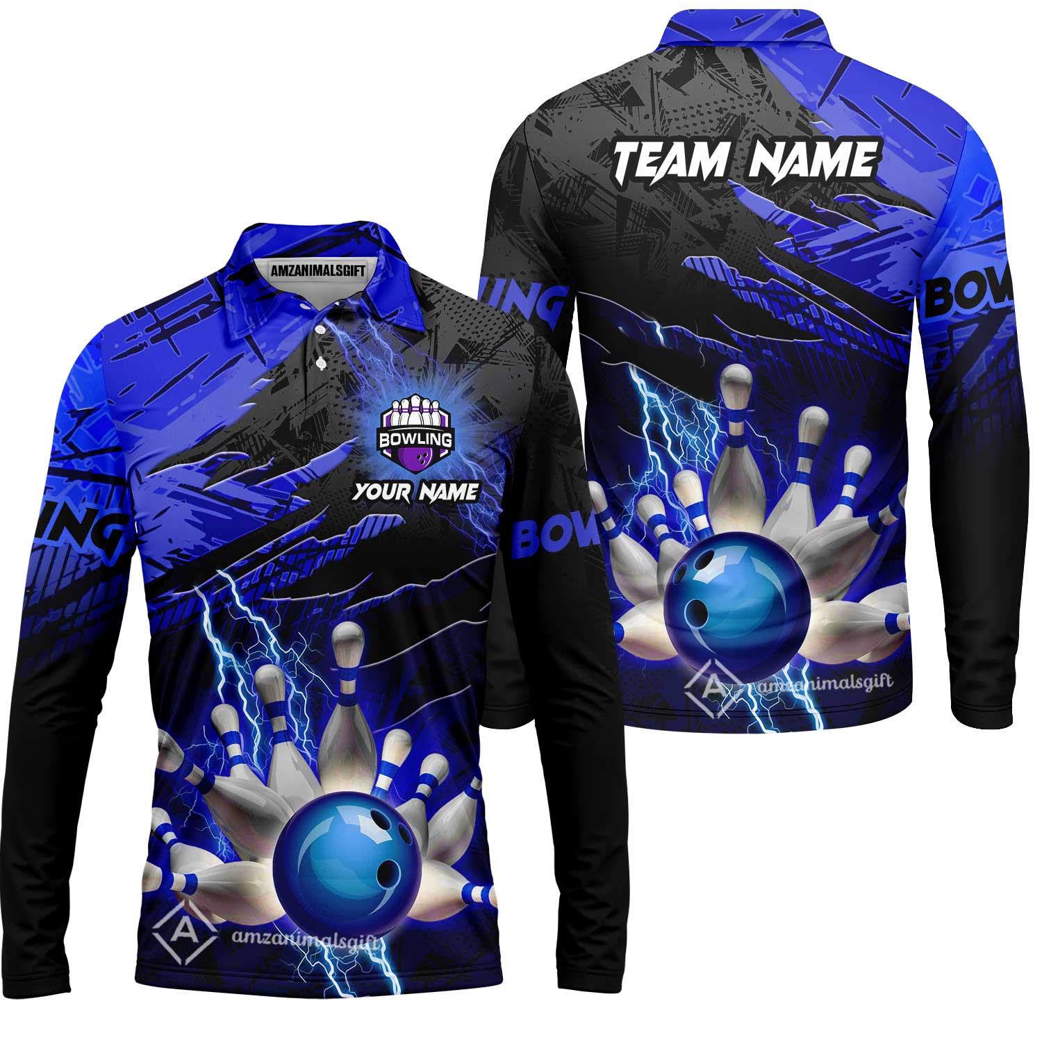 Customized Bowling Unisex Polo Shirt, Bowling And Pins Thunder Break Multicolor Option Customized Name And Team Name Zipper Polo Jerseys Shirts - Image 43