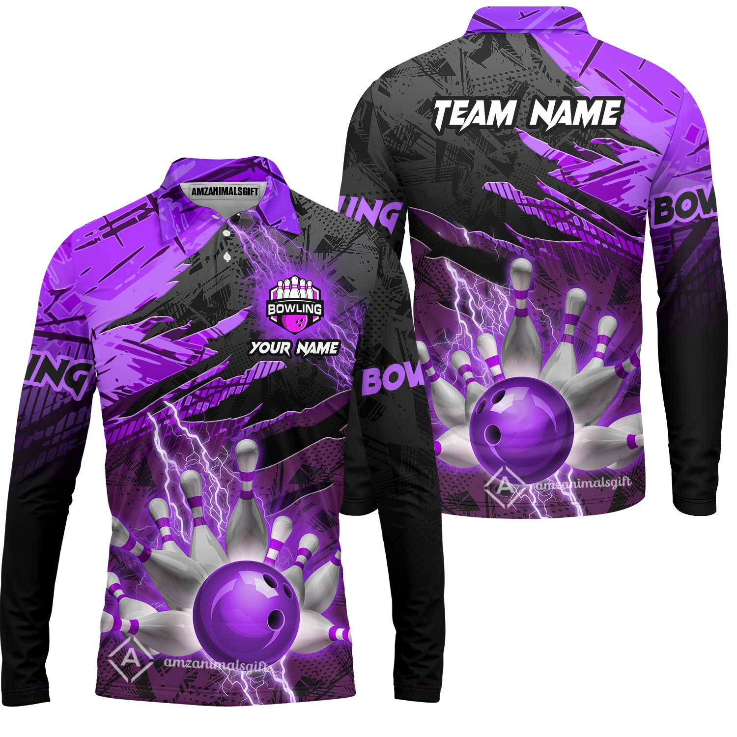 Customized Bowling Unisex Polo Shirt, Bowling And Pins Thunder Break Multicolor Option Customized Name And Team Name Zipper Polo Jerseys Shirts - Image 45