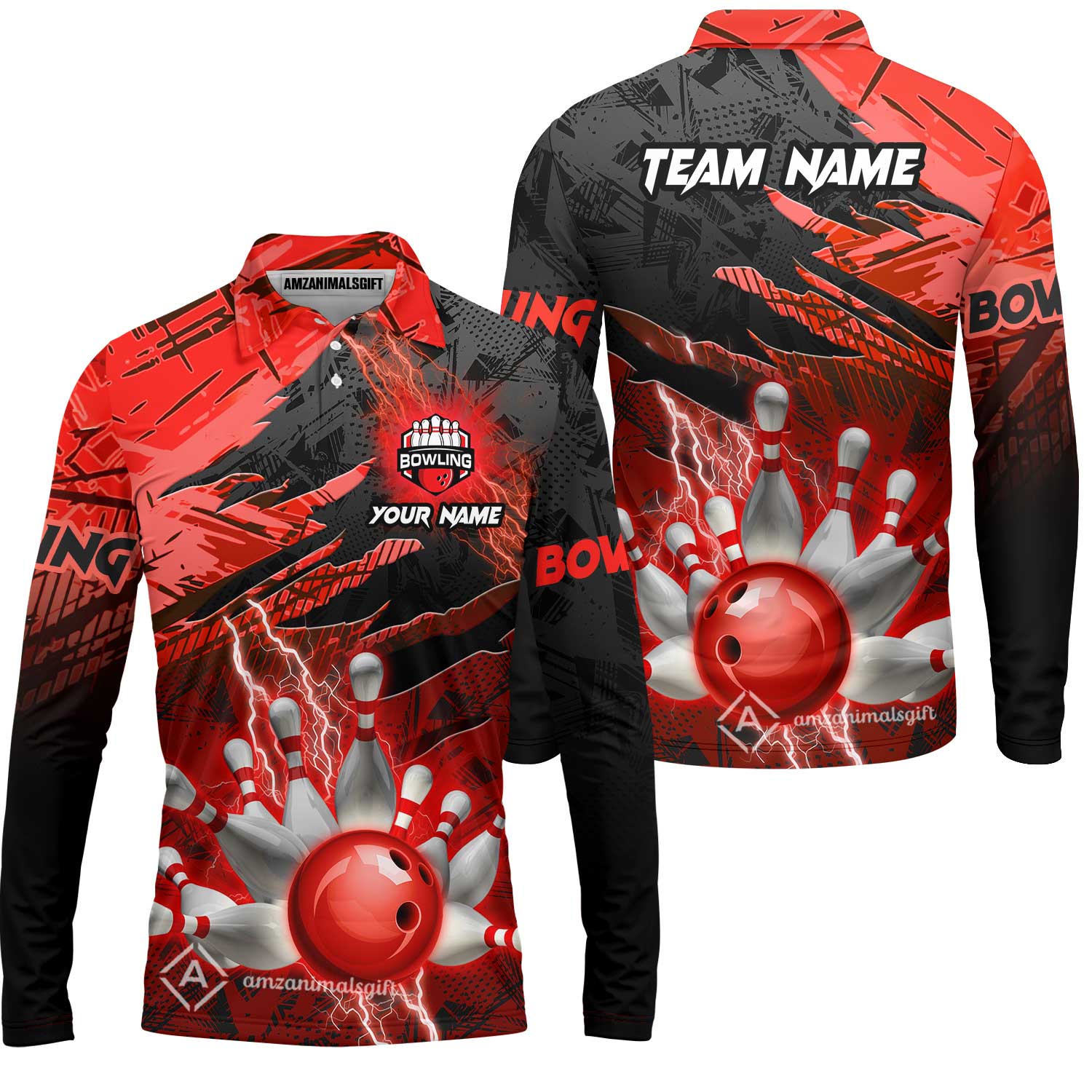 Customized Bowling Unisex Polo Shirt, Bowling And Pins Thunder Break Multicolor Option Customized Name And Team Name Zipper Polo Jerseys Shirts - Image 47