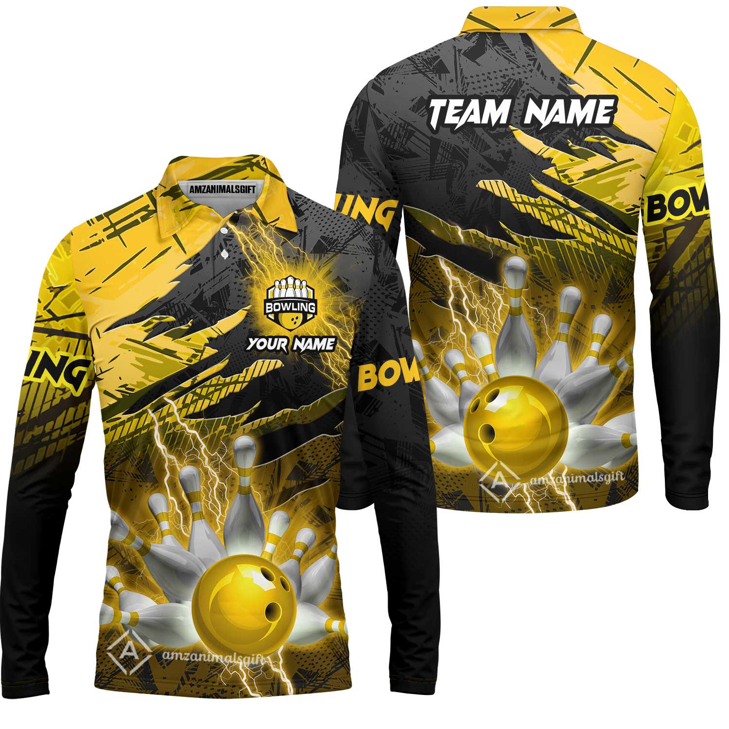 Customized Bowling Unisex Polo Shirt, Bowling And Pins Thunder Break Multicolor Option Customized Name And Team Name Zipper Polo Jerseys Shirts - Image 49