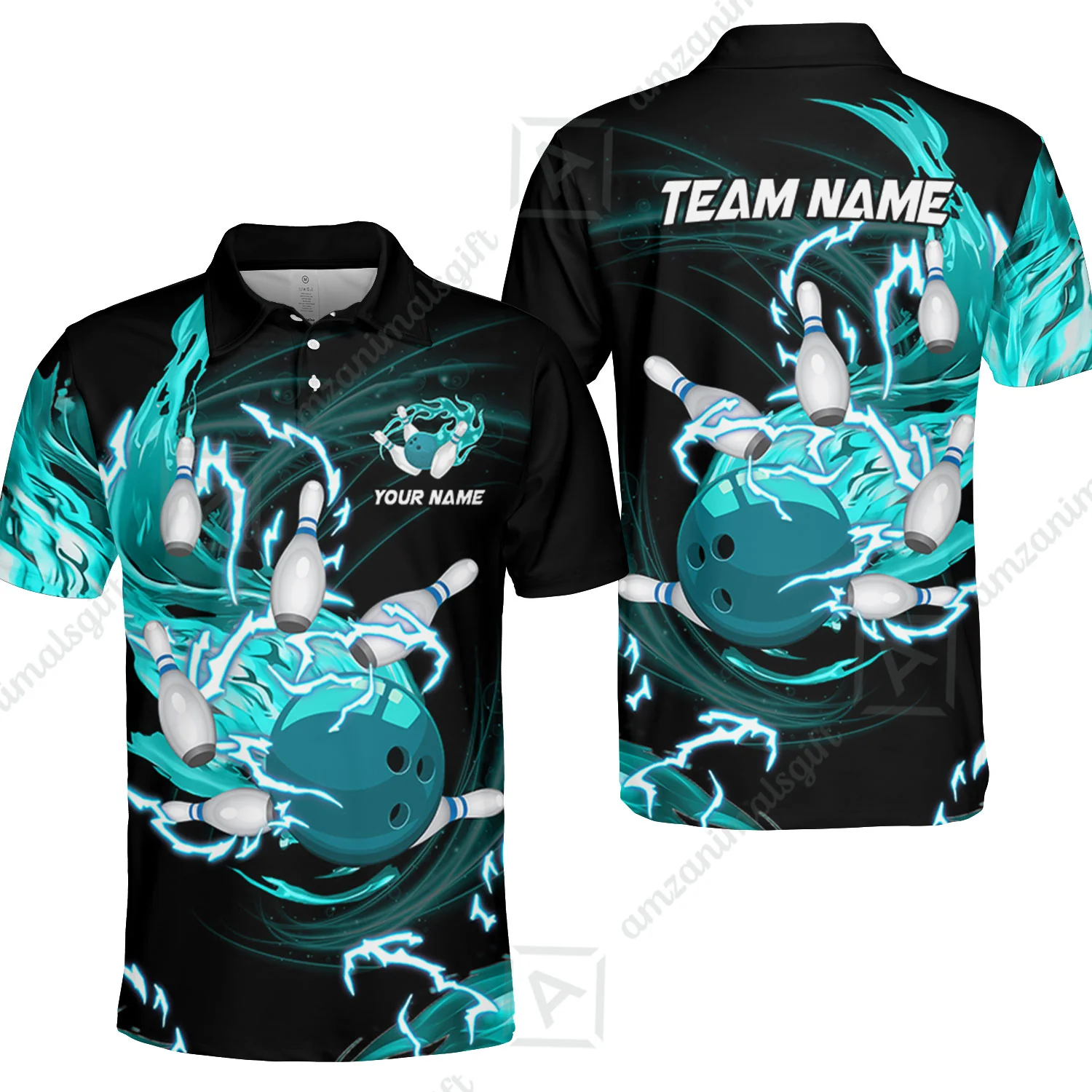 Customized Bowling Unisex Polo Shirt, Bowling Ball & Pins Breath Of Thunder Flame Multicolor Option Customized Name And Team Name For Bowling Team - Image 3