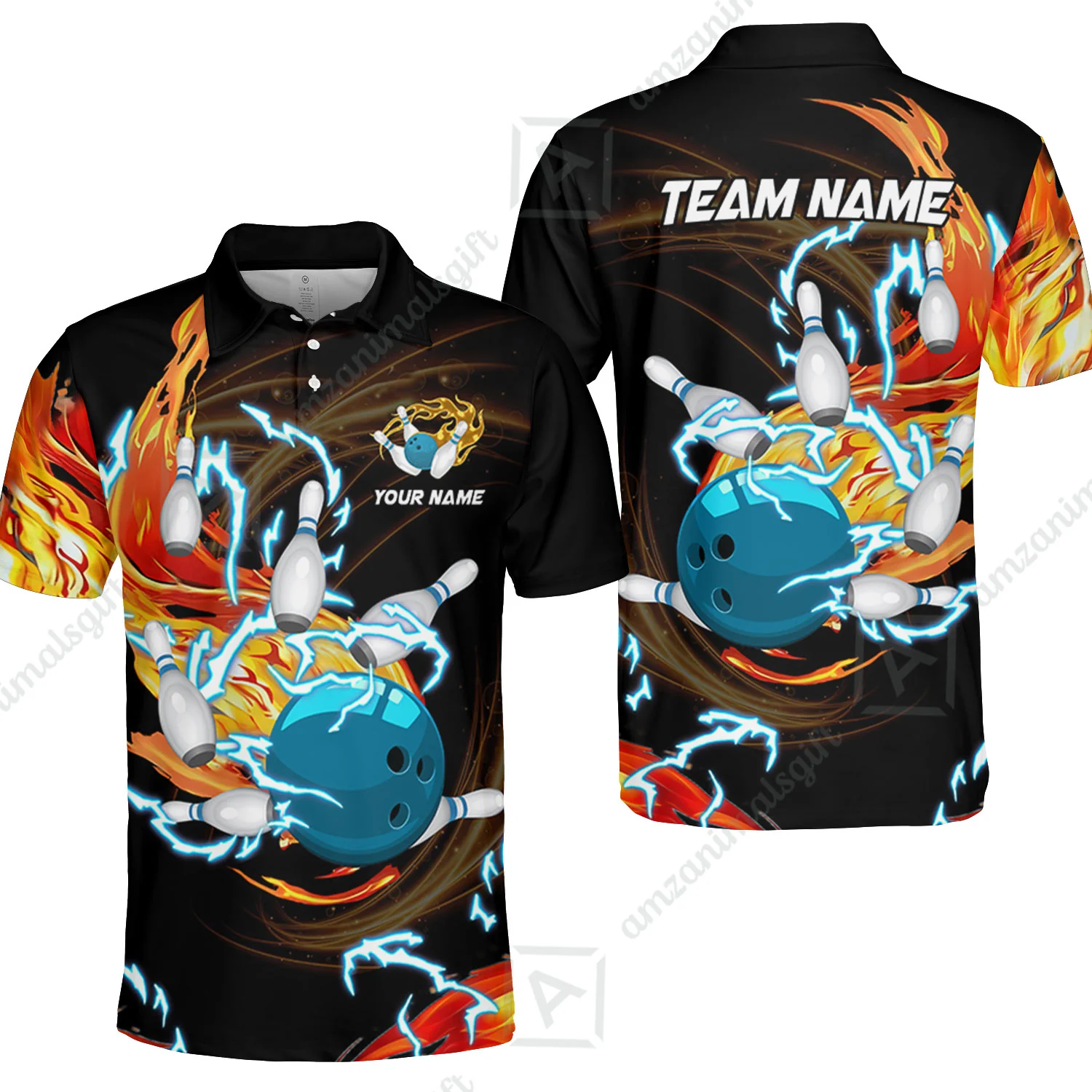 Customized Bowling Unisex Polo Shirt, Bowling Ball & Pins Breath Of Thunder Flame Multicolor Option Customized Name And Team Name For Bowling Team - Image 4