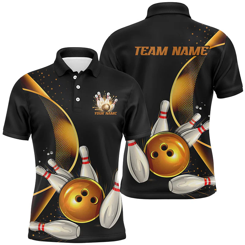 Customized Bowling Polo Shirt, Custom Black And Gold Bowling Team Shirts For Men And Women, Unisex Bowling League Jerseys Polo Shirts