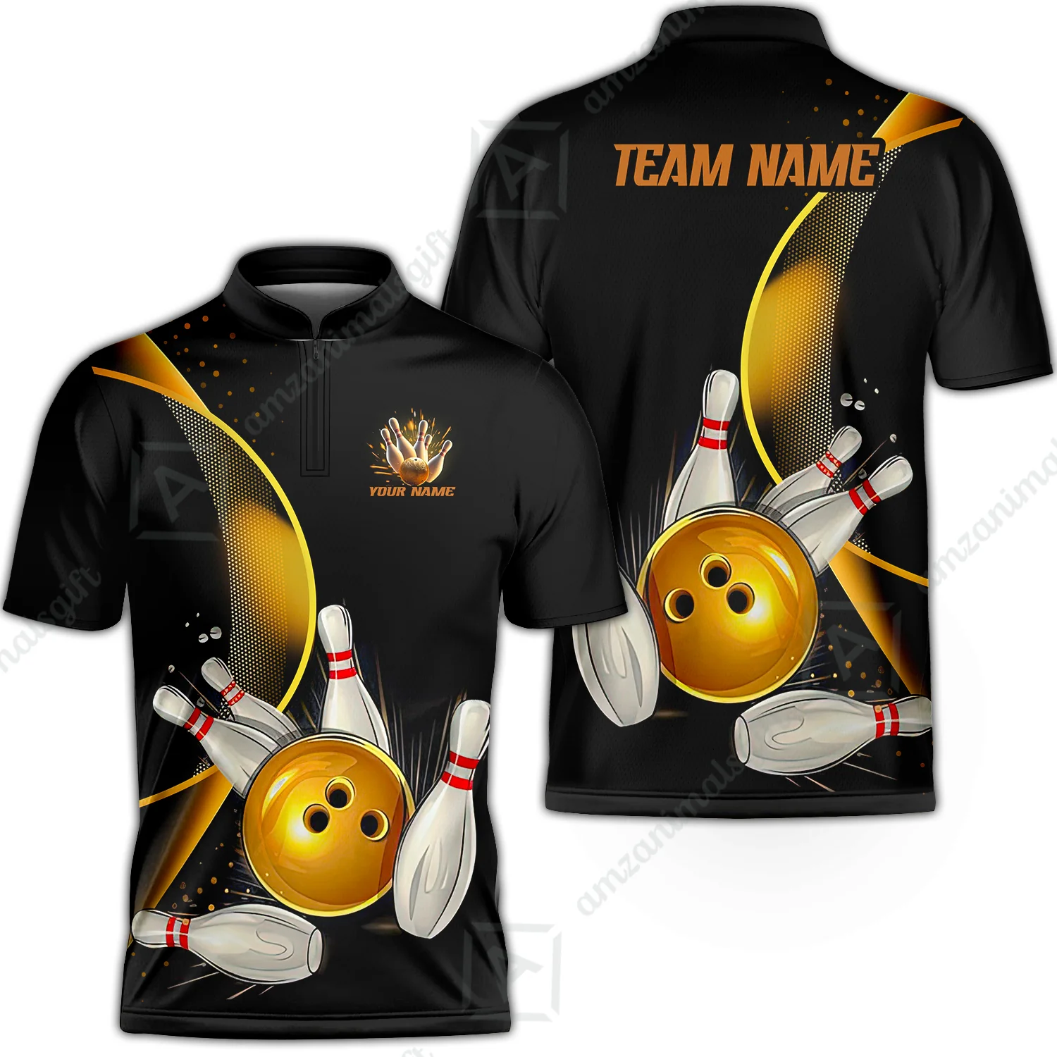 Customized Bowling Polo Shirt, Custom Black And Gold Bowling Team Shirts For Men And Women, Unisex Bowling League Jerseys Polo Shirts - Image 2