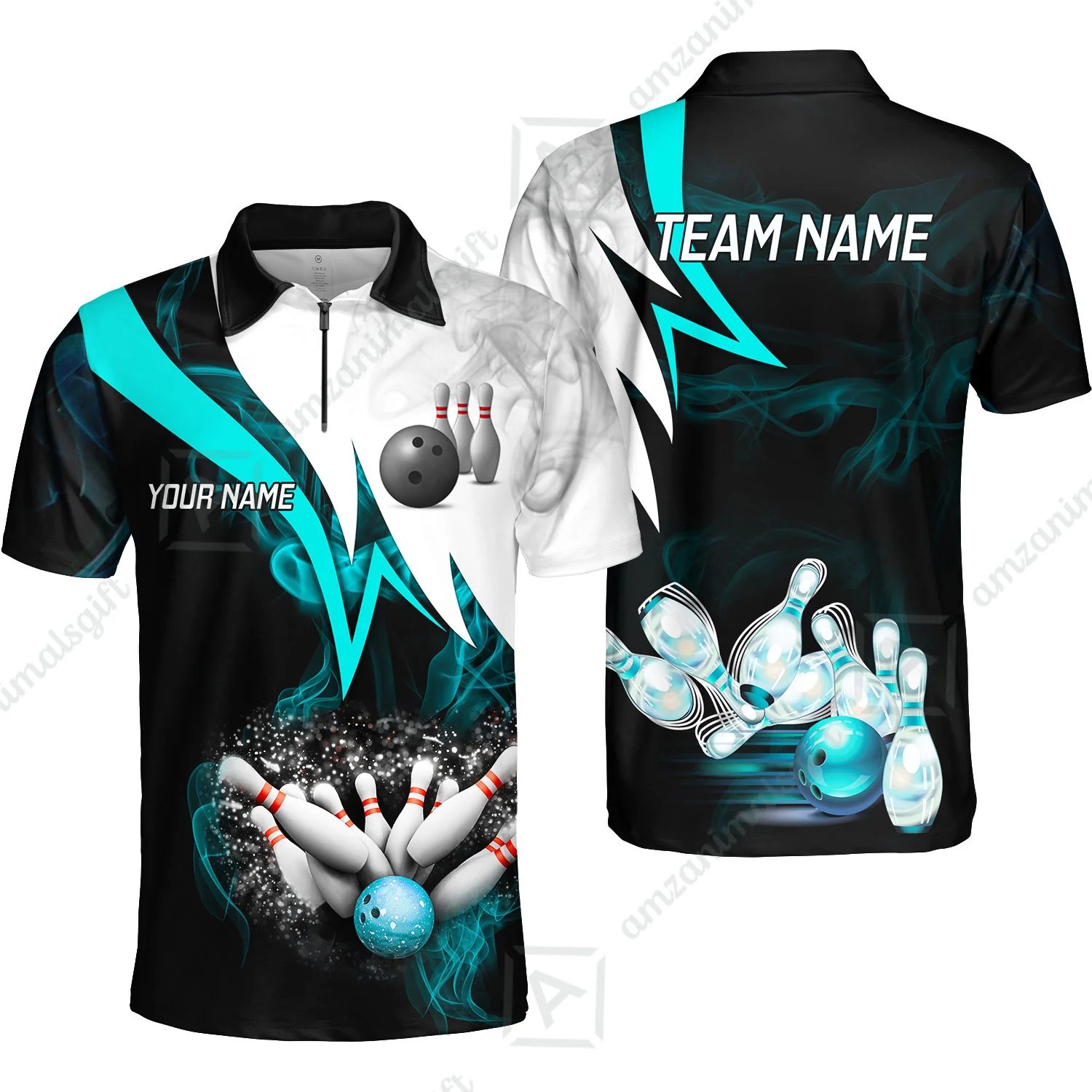 Customized Bowling Polo, Cyan Smoke Pattern Bowling And Pins Premium Customized Name And Team Name Jerseys Polo Shirts - Image 3