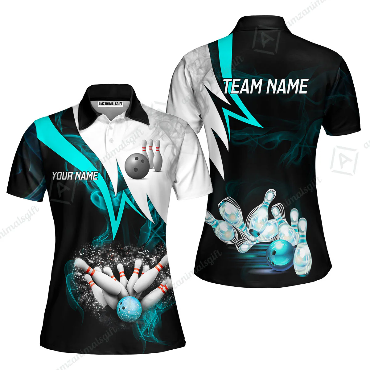 Customized Bowling Polo, Cyan Smoke Pattern Bowling And Pins Premium Customized Name And Team Name Jerseys Polo Shirts - Image 4