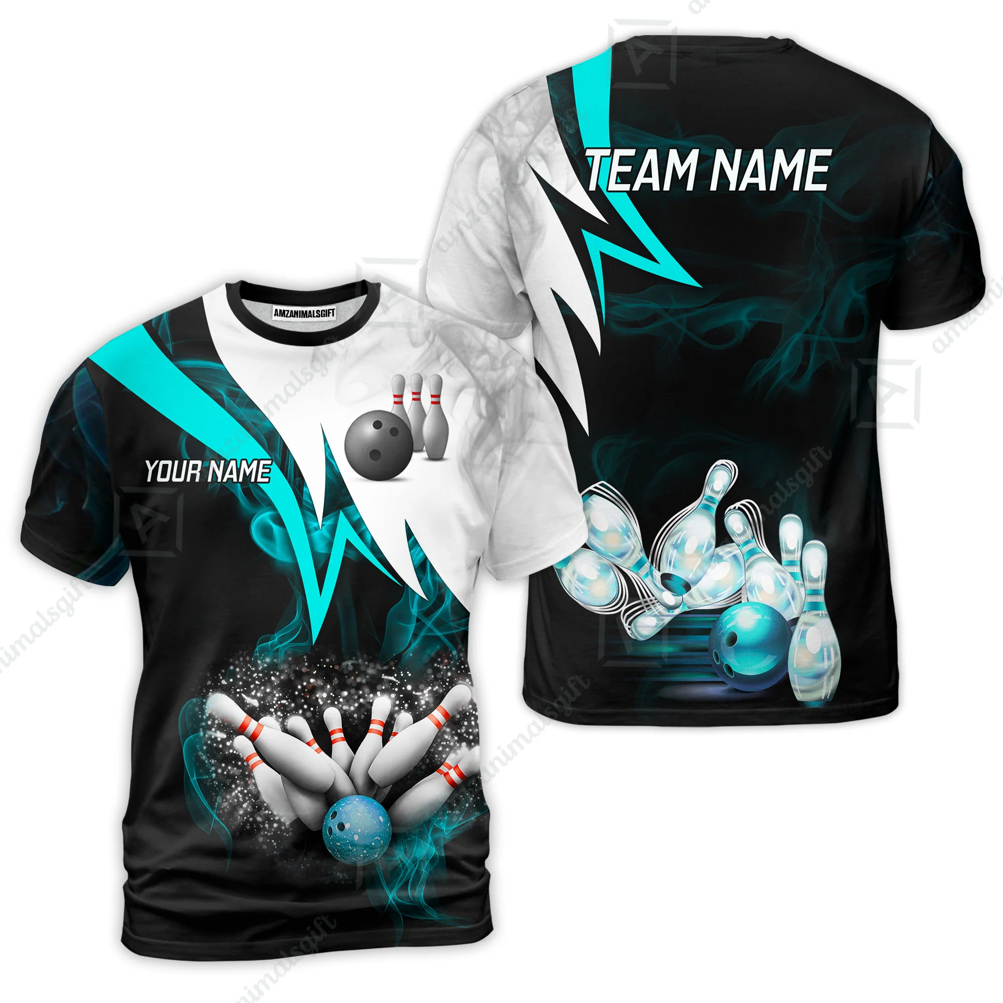 Customized Bowling Polo, Cyan Smoke Pattern Bowling And Pins Premium Customized Name And Team Name Jerseys Polo Shirts - Image 5